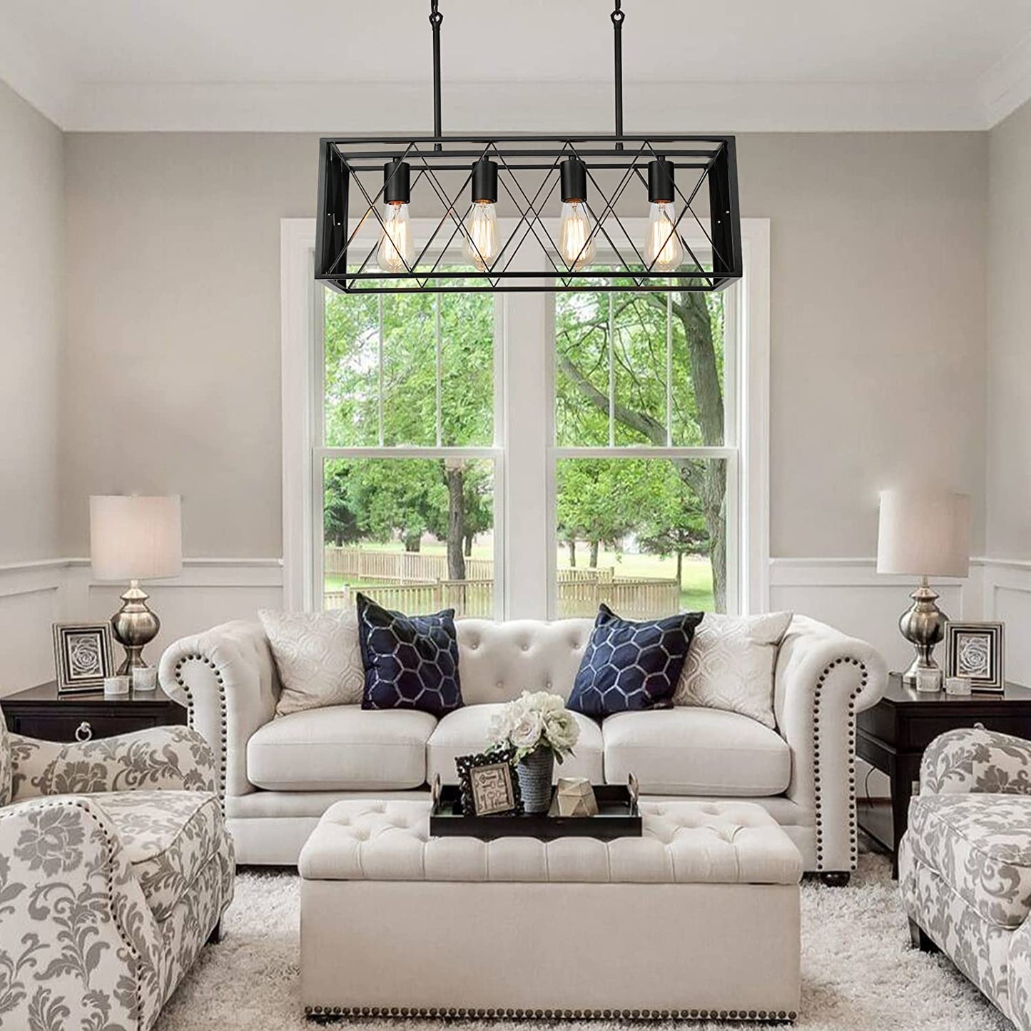 Kitchen Island Lighting Farmhouse Chandelier, 4-Lights Dining Room Light Fixtures 25.19'' Industrial Black Metal Rustic Rectangular Chandeliers for Living Room Bedroom Foyer Hallway Restaurant
