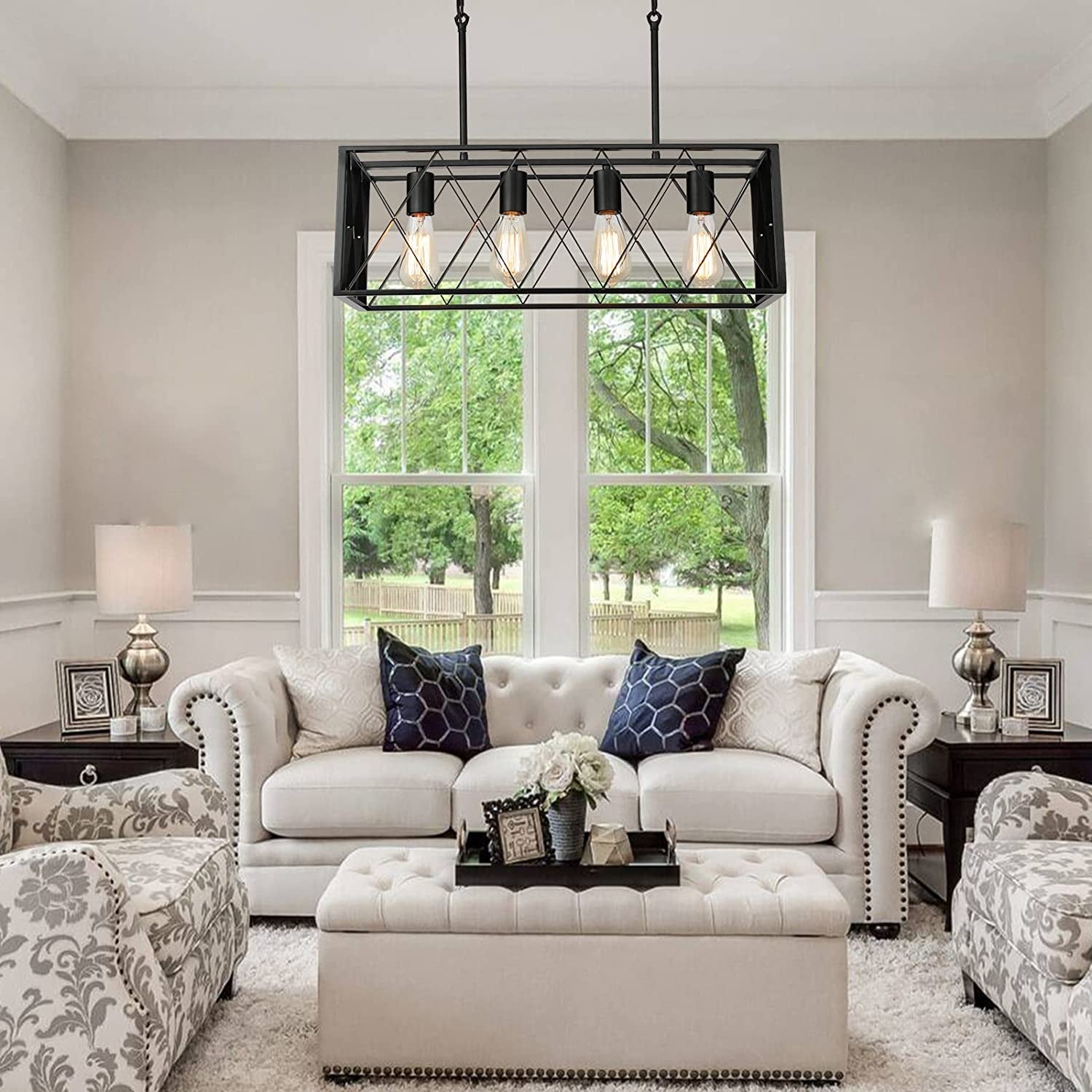 Kitchen Island Lighting Farmhouse Chandelier, 4-Lights Dining Room Light Fixtures 25.19'' Industrial Black Metal Rustic Rectangular Chandeliers for Living Room Bedroom Foyer Hallway Restaurant