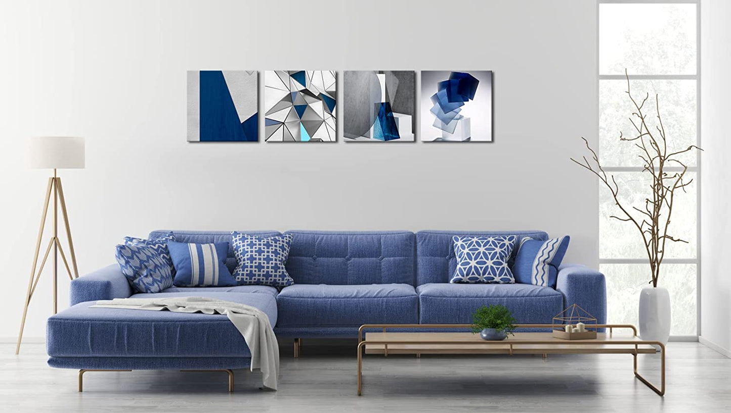 Blue Abstract Wall Art Blue and White for Living Room Decor 12X12 Modern Gray Abstract 3D Geometric Canvas Print Picture Framed Artwork Bathroom Bedroom Home Decor 4 Pieces