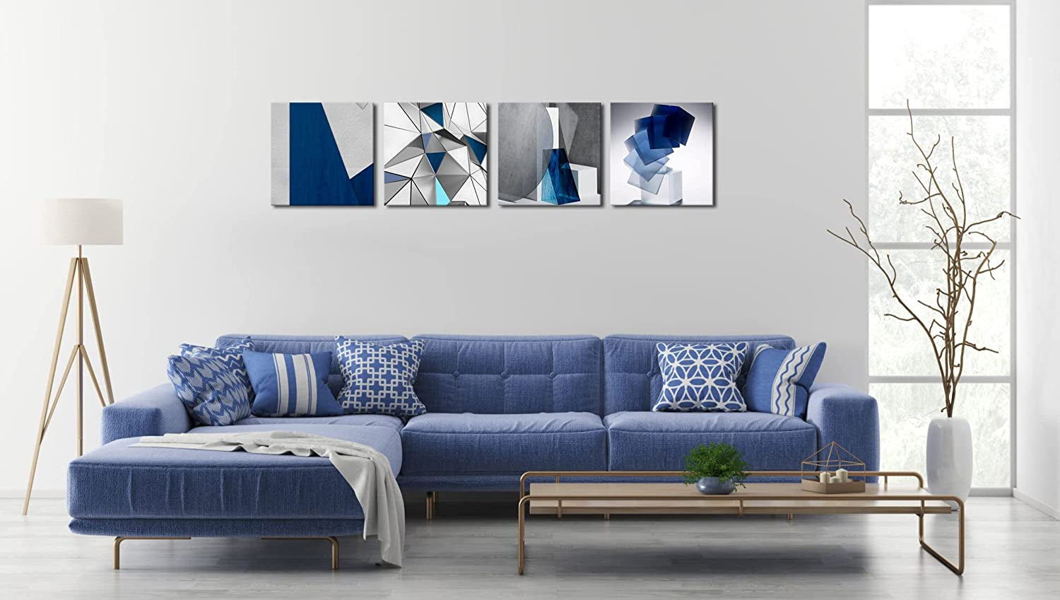 Blue Abstract Wall Art Blue and White for Living Room Decor 12X12 Modern Gray Abstract 3D Geometric Canvas Print Picture Framed Artwork Bathroom Bedroom Home Decor 4 Pieces