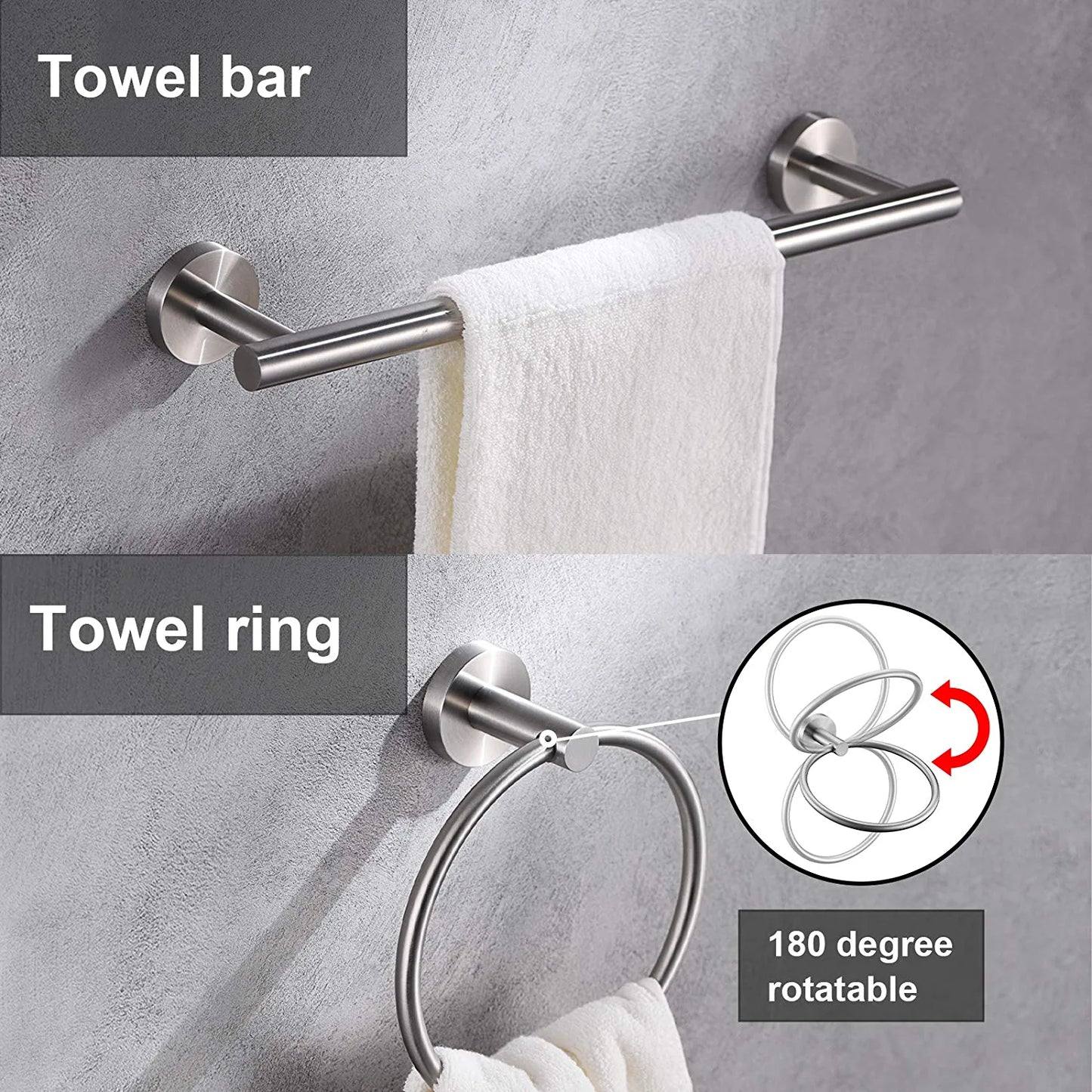 6 Pieces Brushed Nickel Bathroom Hardware Accessories Set Hand Towel Ring 18&23.6 Inch round Towel Bar Silver Toilet Paper Holder Towel Hooks 2 Pieces SUS 304 Stainless Steel,Heavy Duty,Wall Mounted