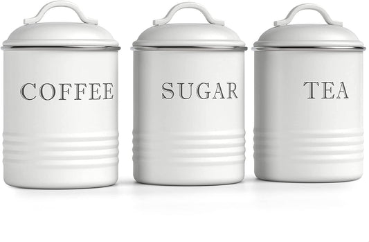 White Canister Sets for Kitchen Counter, Vintage Kitchen Canisters, Country Rustic Farmhouse Decor for the Kitchen, Coffee Tea Sugar Farmhouse Kitchen Decor, Metal, Set of 3