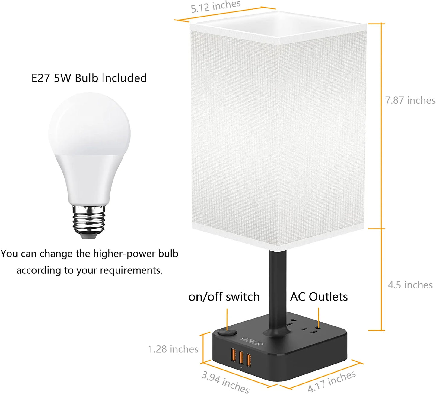 USB Bedside Table & Desk Lamp with 3 USB Charging Ports and 2 Outlets Power Strip,Black Charger Base with White Fabric Shade, LED Light for Bedroom/Nightstand/Living Room