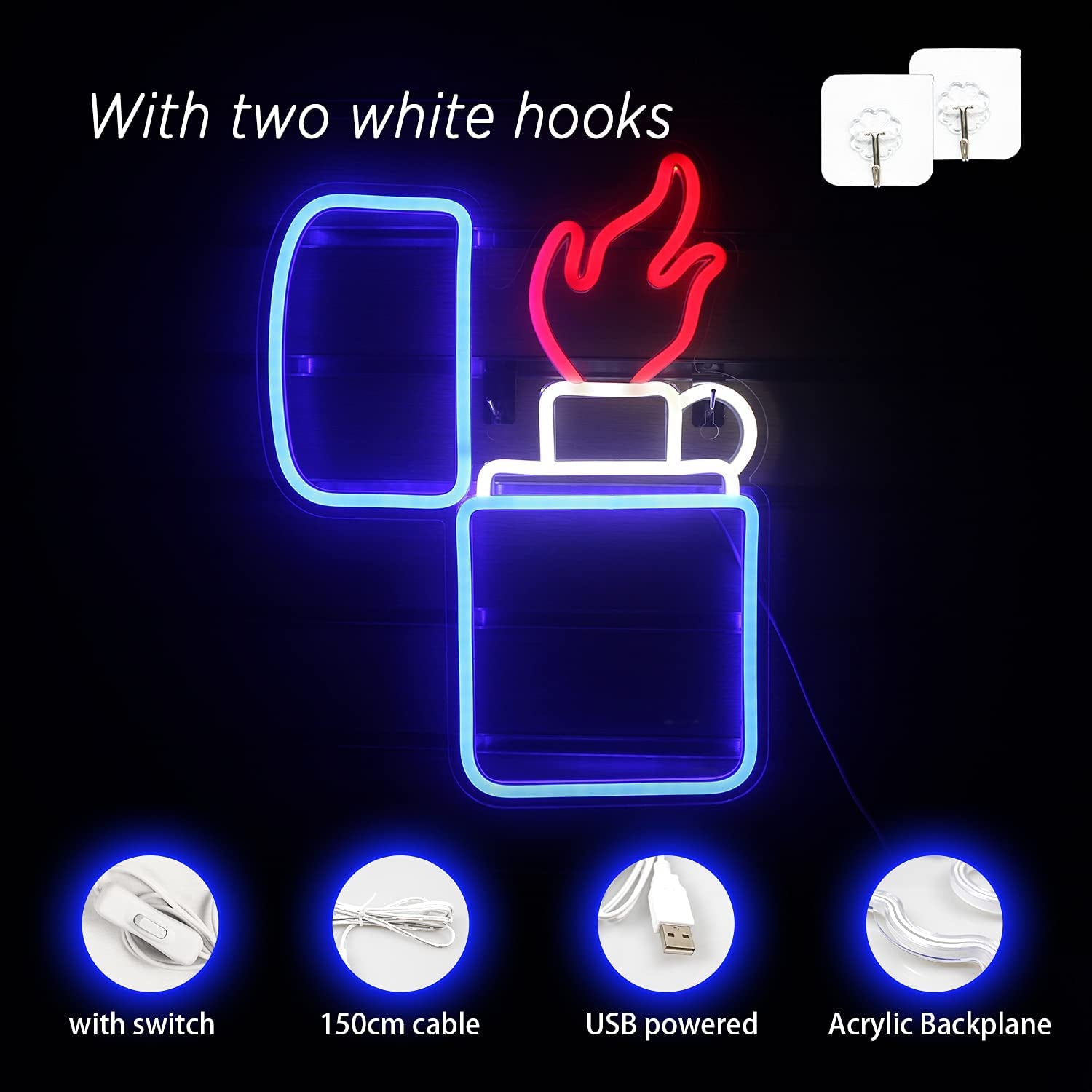 Lighter Shaped Neon Light Sign Blue Red Light Neon Sign Cool Cigarette Lighter Neon Light for Wall Decor Light for Internet Cafe Gaming Room Man Cave Decoration