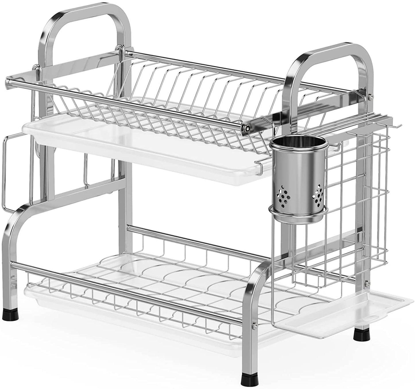 Dish Drying Rack, 304 Stainless Steel 2-Tier Dish Rack with Utensil Holder, Cutting Board Holder and Dish Drainer for Kitchen Counter