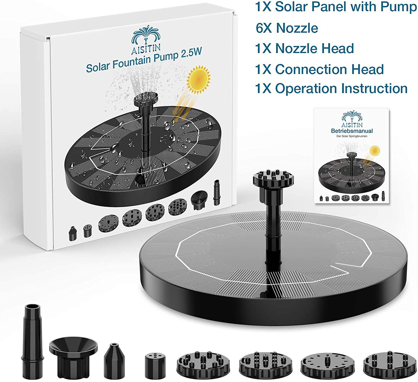 2.5W Solar Bird Bath Fountain Pump, Solar Fountain Pump for Bird Bath with 6 Nozzles, 6.7" Solar Powered Water Fountain Pump for Garden, Ponds, Pool, Fish Tank, Outdoor and Aquarium