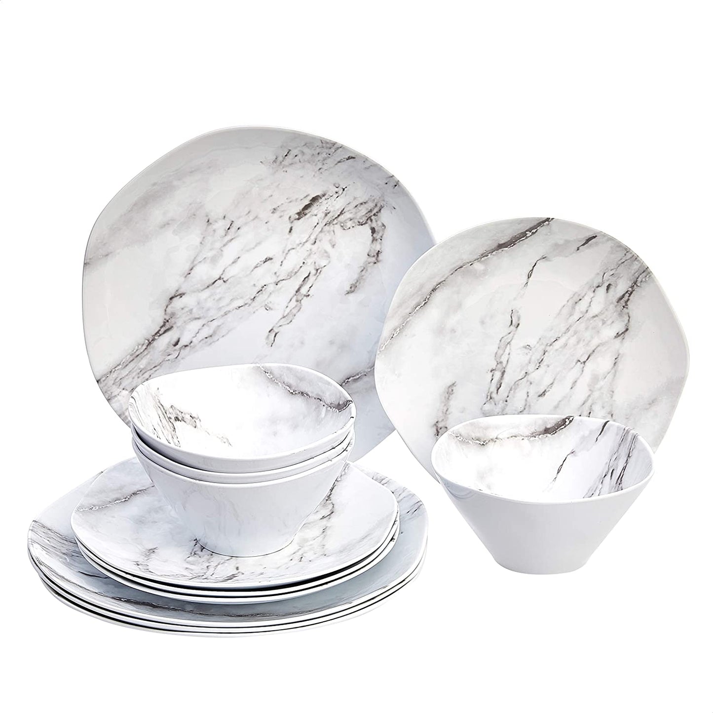 Melamine Dinnerware Set, Service for 4, White Marble - Set of 12
