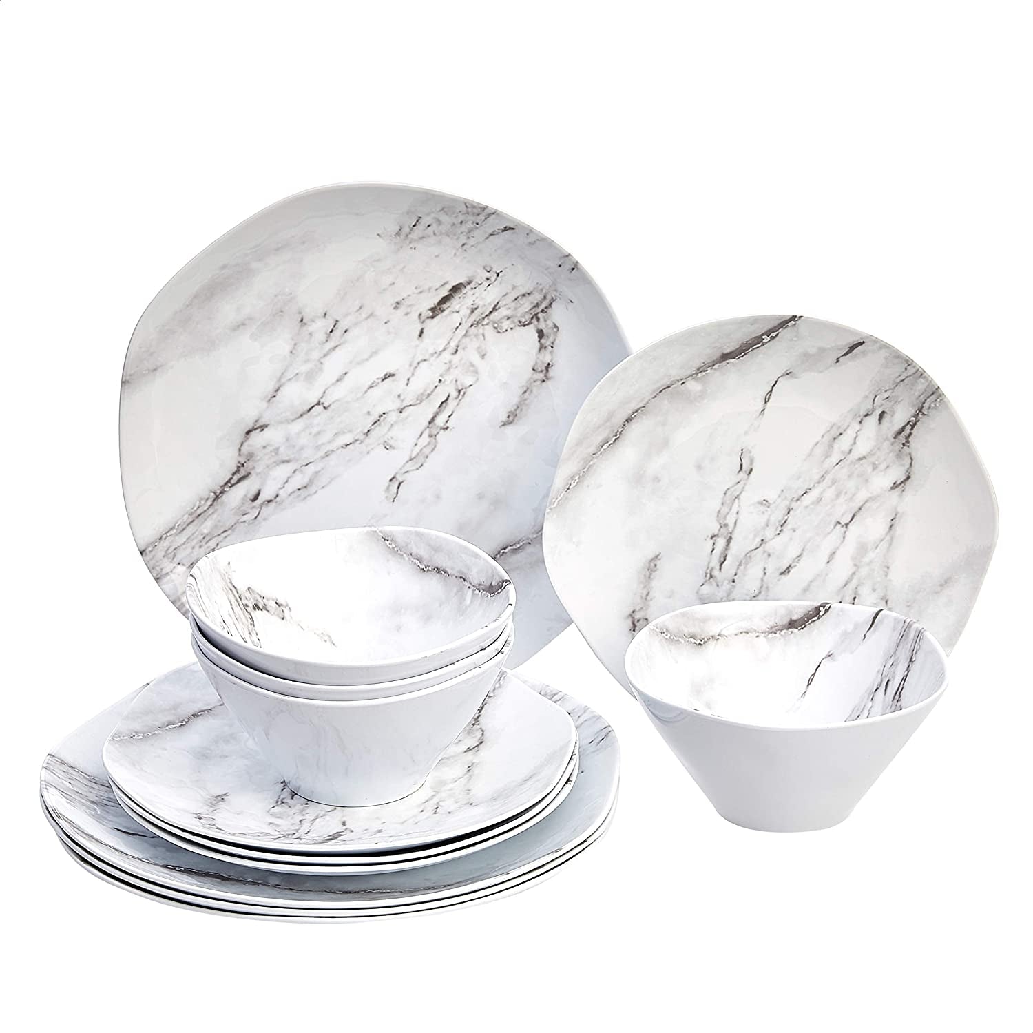 Melamine Dinnerware Set, Service for 4, White Marble - Set of 12