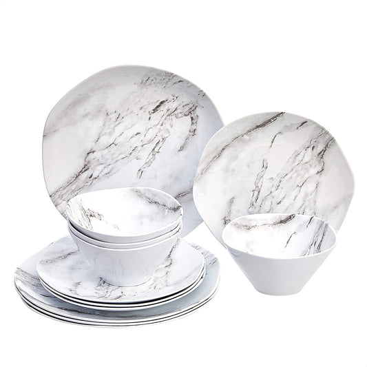 Melamine Dinnerware Set, Service for 4, White Marble - Set of 12