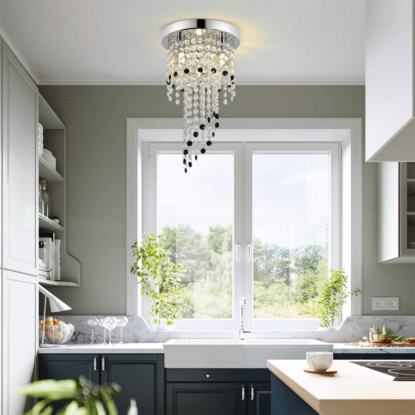Crystal Chandelier Lighting, Mini Chandelier , 3-Light H15.16” W8.66”Modern Ceiling Lights , Flush Mount Ceiling Light,Small Chandelier for Closet , Girls Room,Bedroom, Living Room, Dining Room
