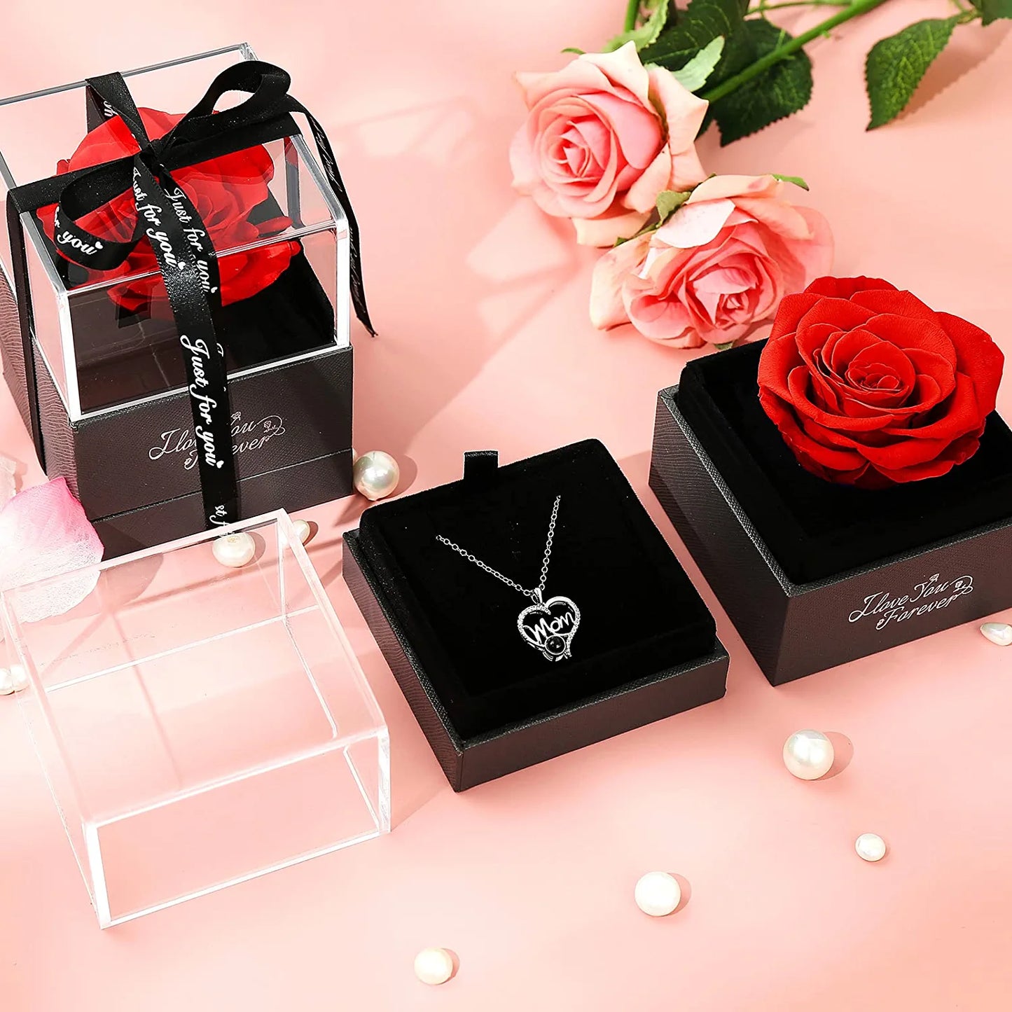 Preserved Red Real Rose with I Love You Mom Necklace in 100 Languages -Eternal Flowers Enchanted Rose Gifts for Mom from Daughter Son - Christmas Mothers Day Valentines Day Birthday Bonus Mom Gifts