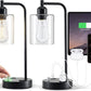 Set of 2 Industrial Table Lamps with AC Outlet and 2 USB Ports, Fully Stepless Dimmable Bedside Lamps, Nightstand Lamp with Glass Shade for Bedroom, Living Room, Office, 2700K Bulbs Included