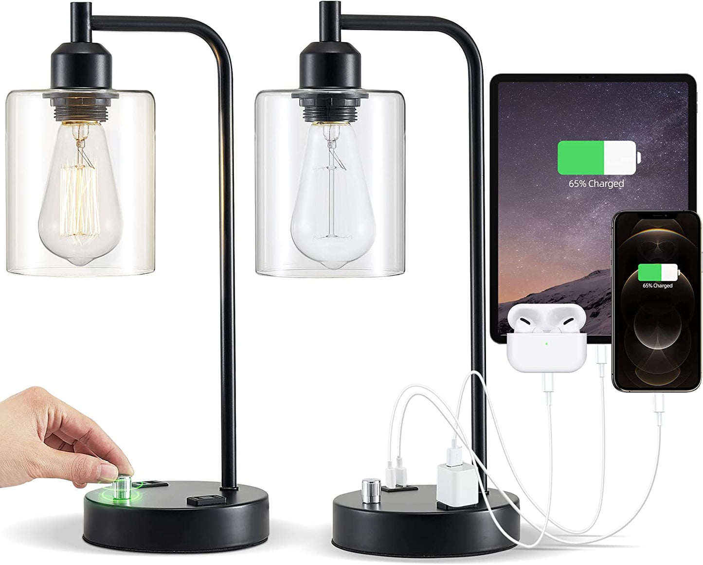 Set of 2 Industrial Table Lamps with AC Outlet and 2 USB Ports, Fully Stepless Dimmable Bedside Lamps, Nightstand Lamp with Glass Shade for Bedroom, Living Room, Office, 2700K Bulbs Included