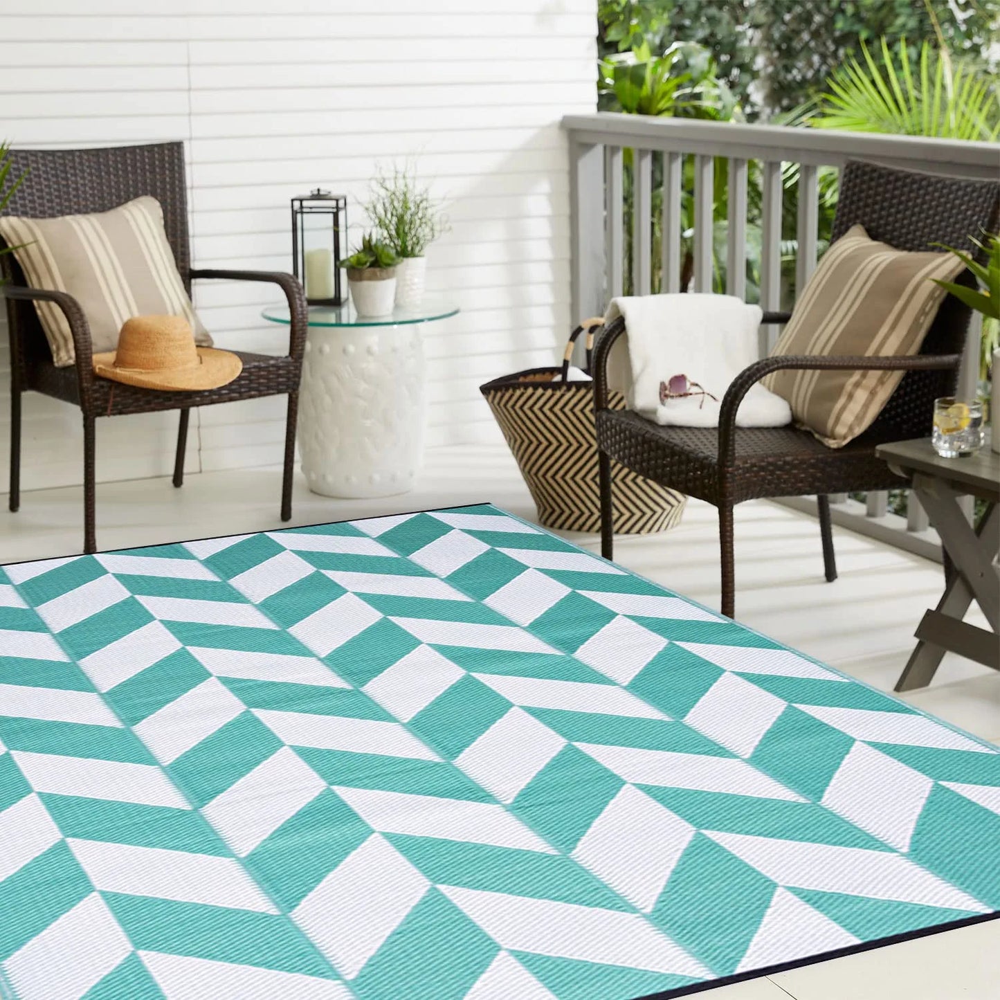 Teal Outdoor Rug Camping Rug 5X8 Reversible Plastic Straw Rug Waterproof Modern Floor Mat Area Rug for Patio,Backyard, Rv Rugs for Outside