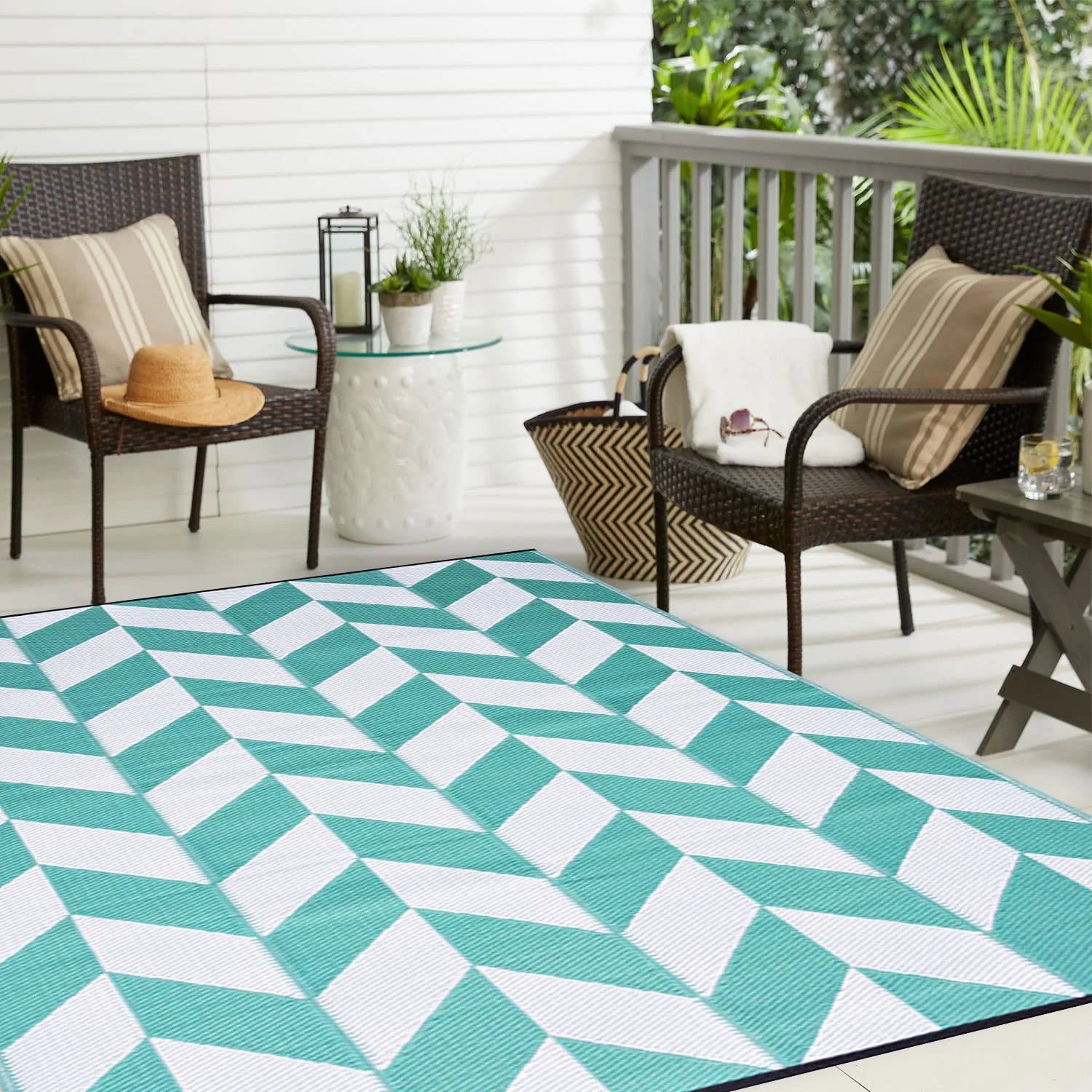 Teal Outdoor Rug Camping Rug 5X8 Reversible Plastic Straw Rug Waterproof Modern Floor Mat Area Rug for Patio,Backyard, Rv Rugs for Outside