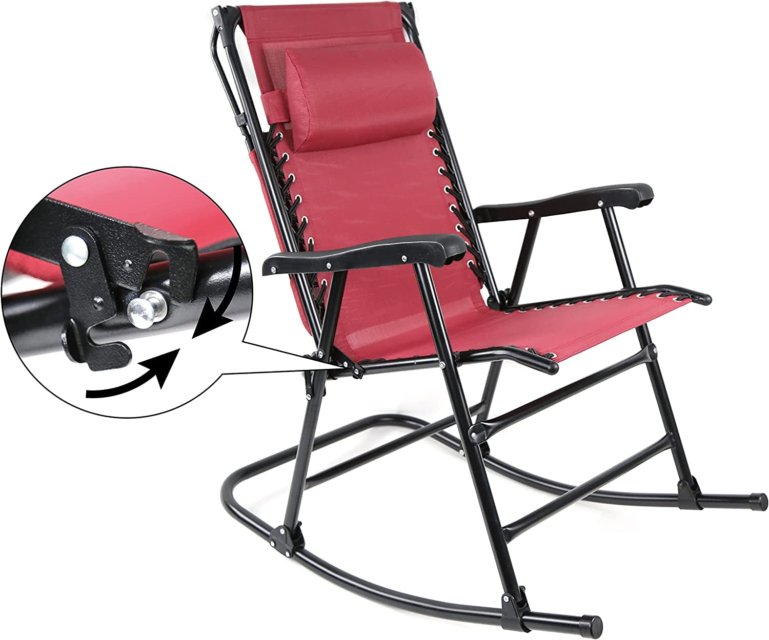Outdoor Textilene Zero Gravity Folding Lounge Rocker with Pillow, Red