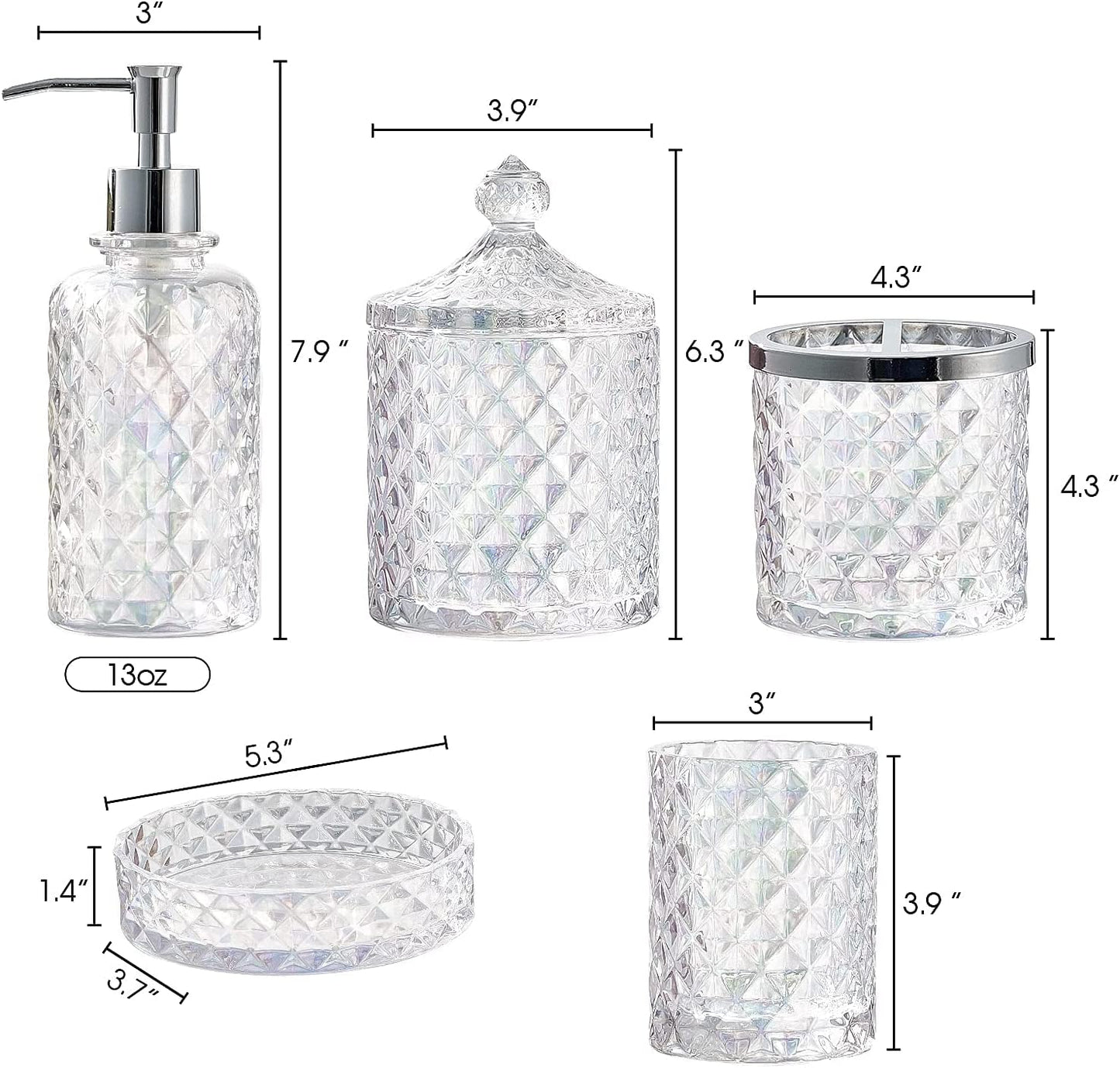 Set of 5 Glass Bathroom Accessories Set Include Soap Dispenser & Tumbler & Soap Dish & Toothbrush Holder & Apothecary Jar(Luxurious Crystal Sparkling Colored)