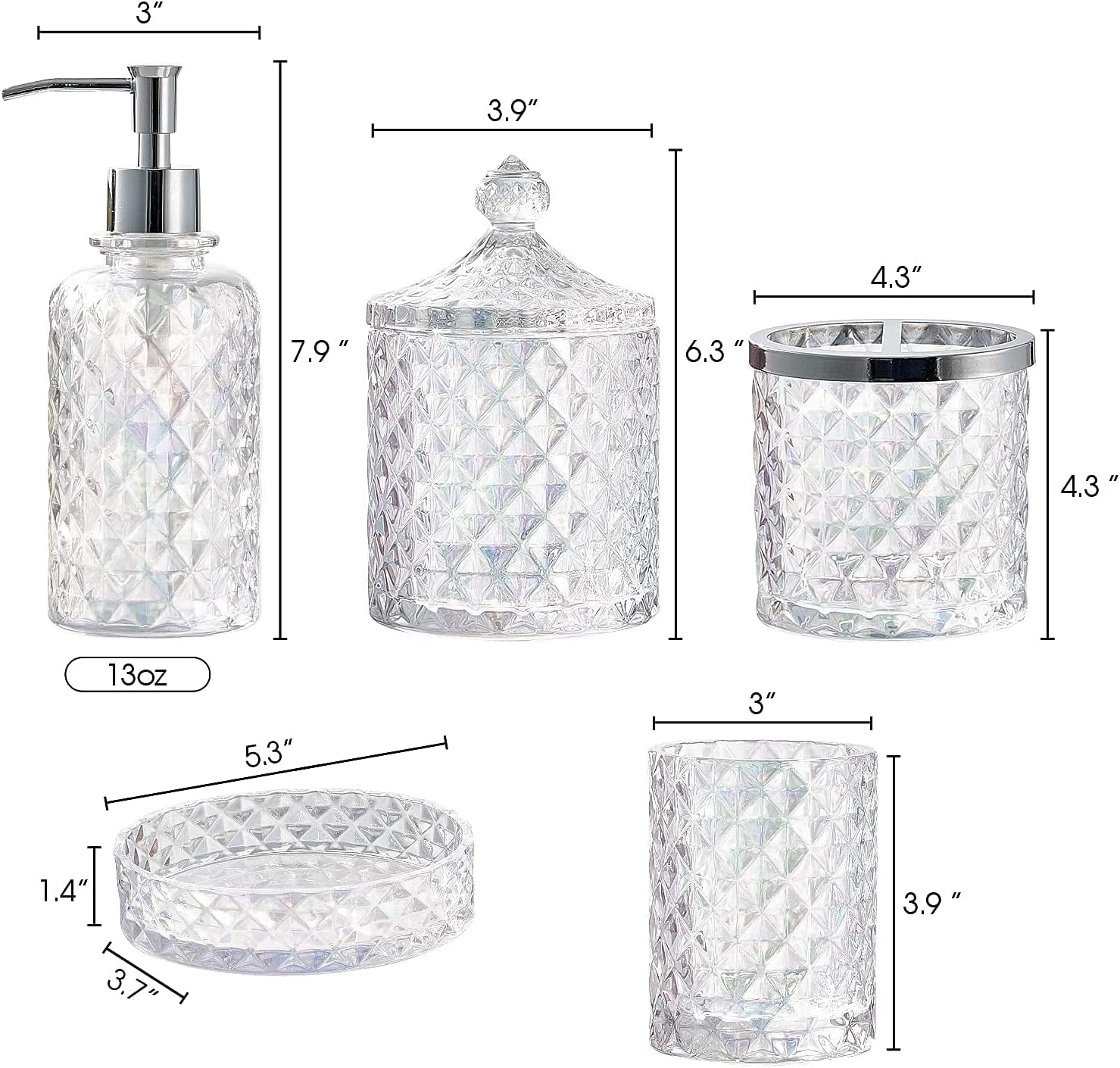 Set of 5 Glass Bathroom Accessories Set Include Soap Dispenser & Tumbler & Soap Dish & Toothbrush Holder & Apothecary Jar(Luxurious Crystal Sparkling Colored)