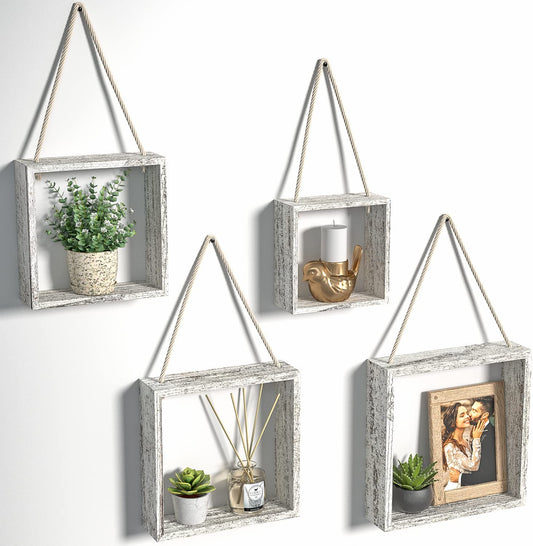 J JACKCUBE DESIGN Floating Hanging Square Shelves Wall Mounted Rustic Wood Cube Display Shelf Shadow Boxes Decorative Boho Home Décor for Living Room, Bedroom, Office, Set of 4 (White) - MK571C