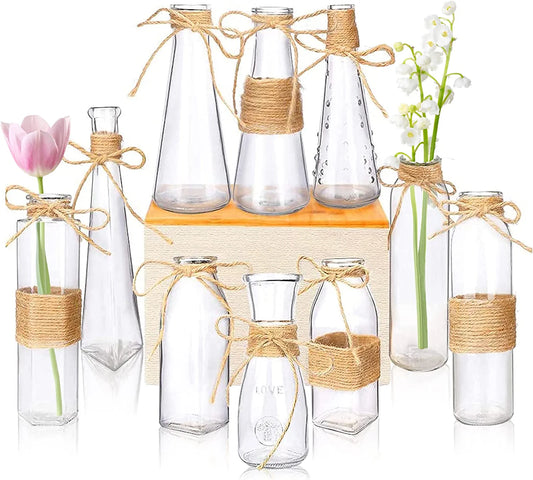 10Pcs Small Bud Glass Vases for Flowers Wedding Decorations, Mini Vintage Glass Flower Vase with Rope Design and Differing Unique Shapes for Flower Table Home Decoration