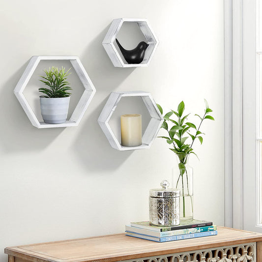 Wall Mounted Hexagon Floating Shelves, Wooden Wall Organizers Hanging Shelf for Home Decor, Set of 3, Rustic White