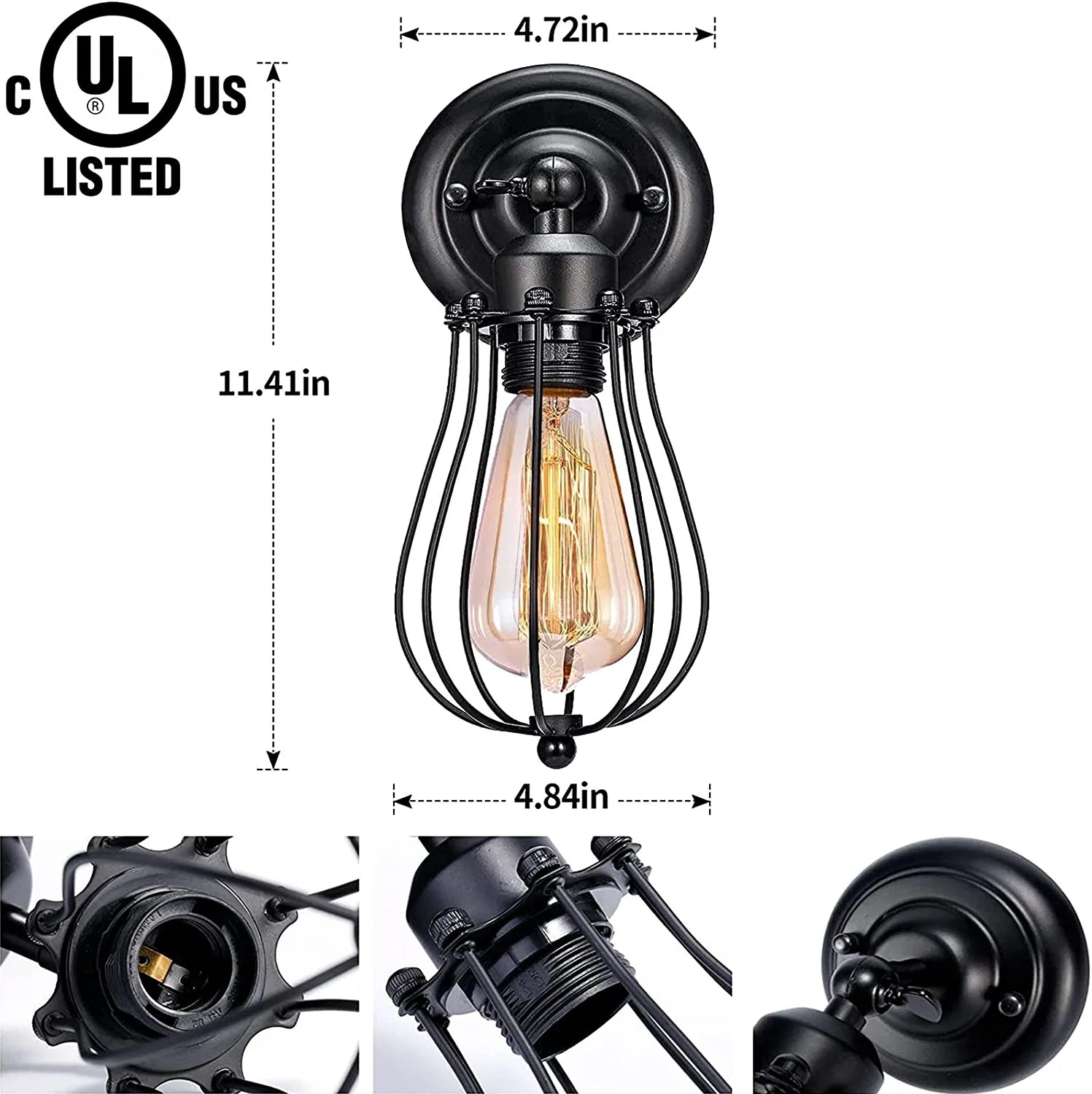 Wall Sconces Set of Two, Adjustable Industrial Balck Wall Sconces Lighting, Vintage Wire Cage Wall Mount Light Fixtures for Bedroom Garage Porch Dresser