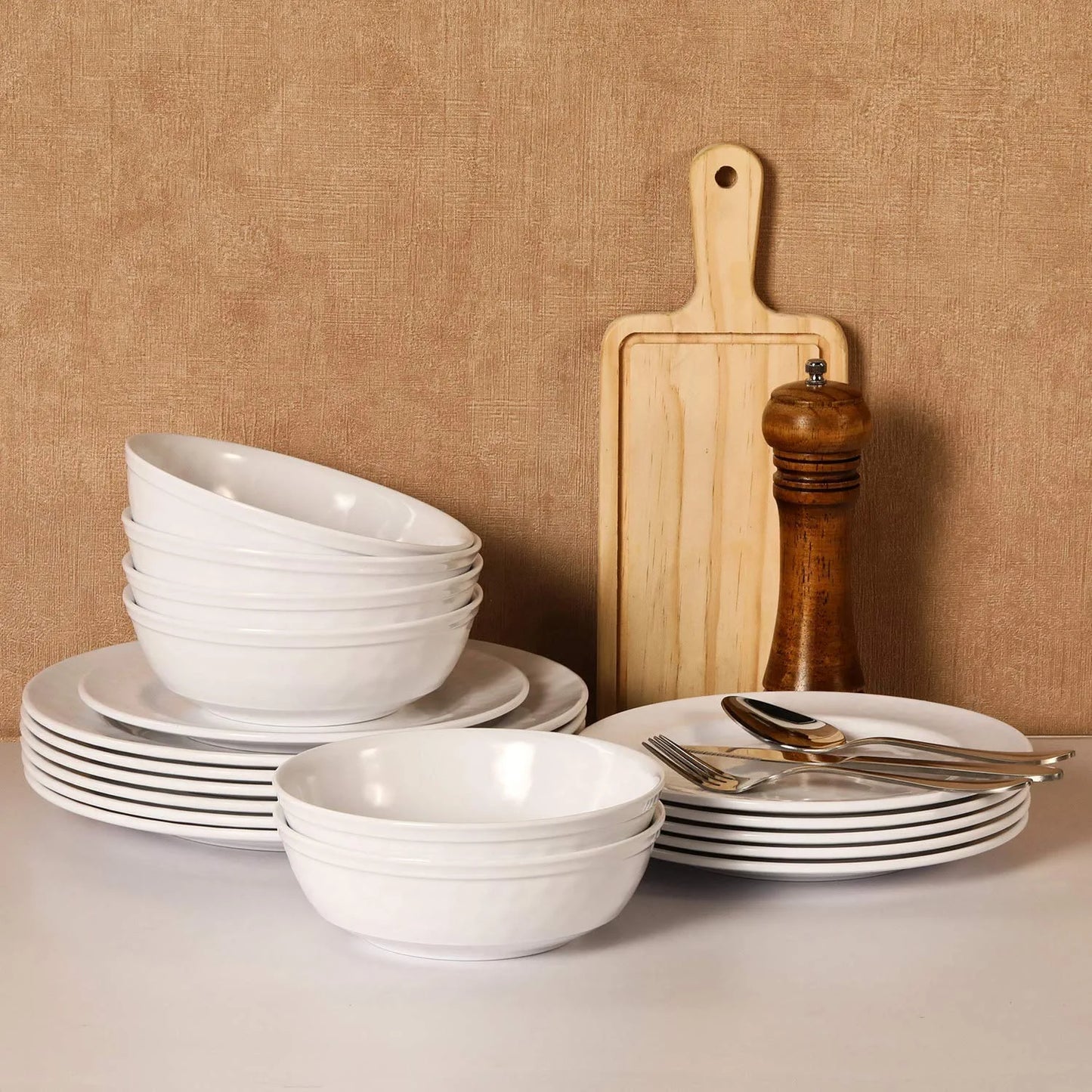 Dinnerware Set, 18-Piece Melamine Dishes Set, Dinner Service for 6 with Bowls and Salad Dinner Plates, White