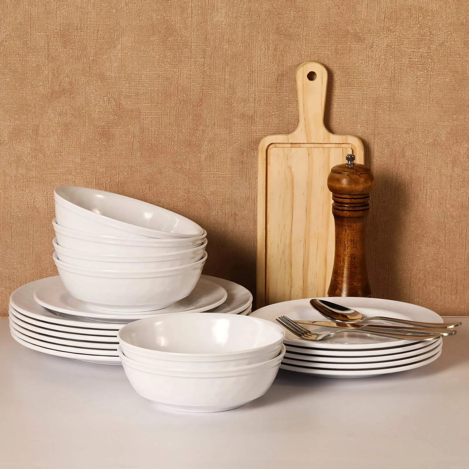 Dinnerware Set, 18-Piece Melamine Dishes Set, Dinner Service for 6 with Bowls and Salad Dinner Plates, White