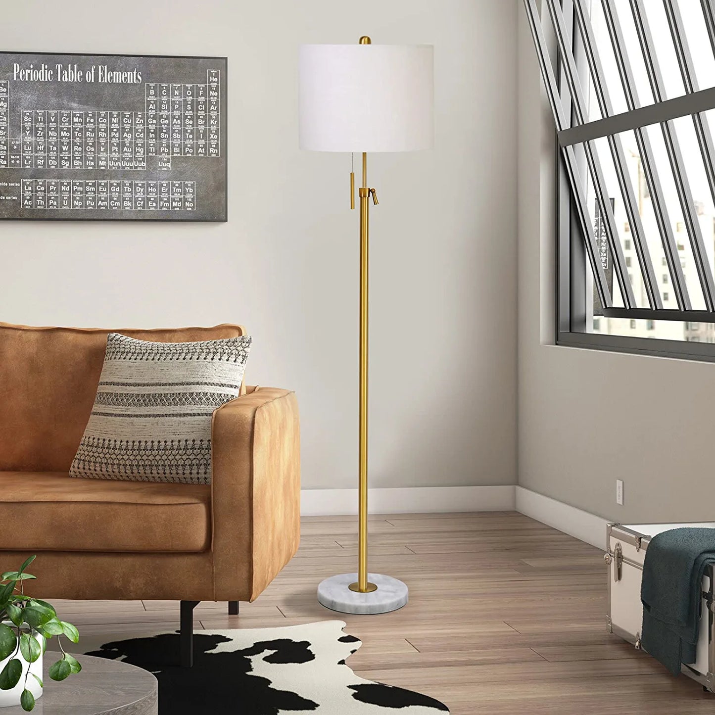 Modern Floor Lamp for Living Room, Adjustable Height Standing Lamp with Marble Base,3-Way Dimmable Gold Brass Tall Pole Light with White Linen Shade for Reading,Bedroom,Pull Chain Switch,Bulb Included
