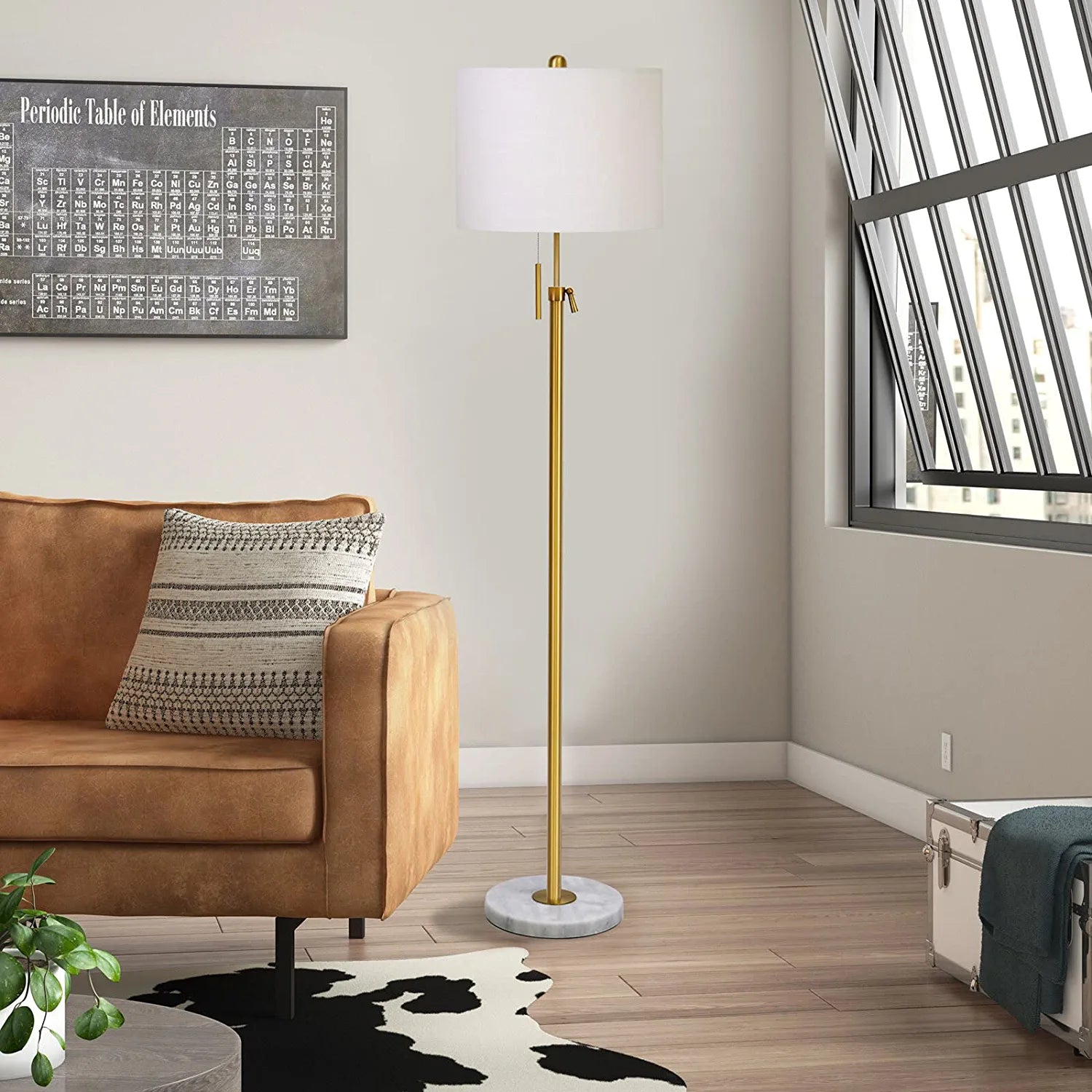 Modern Floor Lamp for Living Room, Adjustable Height Standing Lamp with Marble Base,3-Way Dimmable Gold Brass Tall Pole Light with White Linen Shade for Reading,Bedroom,Pull Chain Switch,Bulb Included