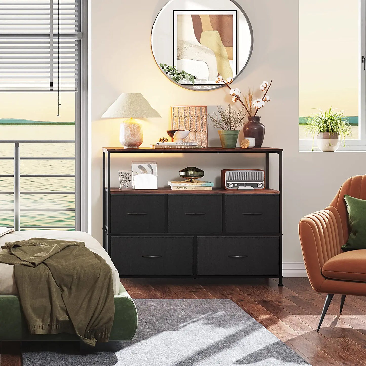 Dresser TV Stand, Entertainment Center with Fabric Drawers, Media Console Table with Open Shelves for TV up to 45 Inch, Storage Drawer Unit for Bedroom, Living Room, Black and Rustic Brown