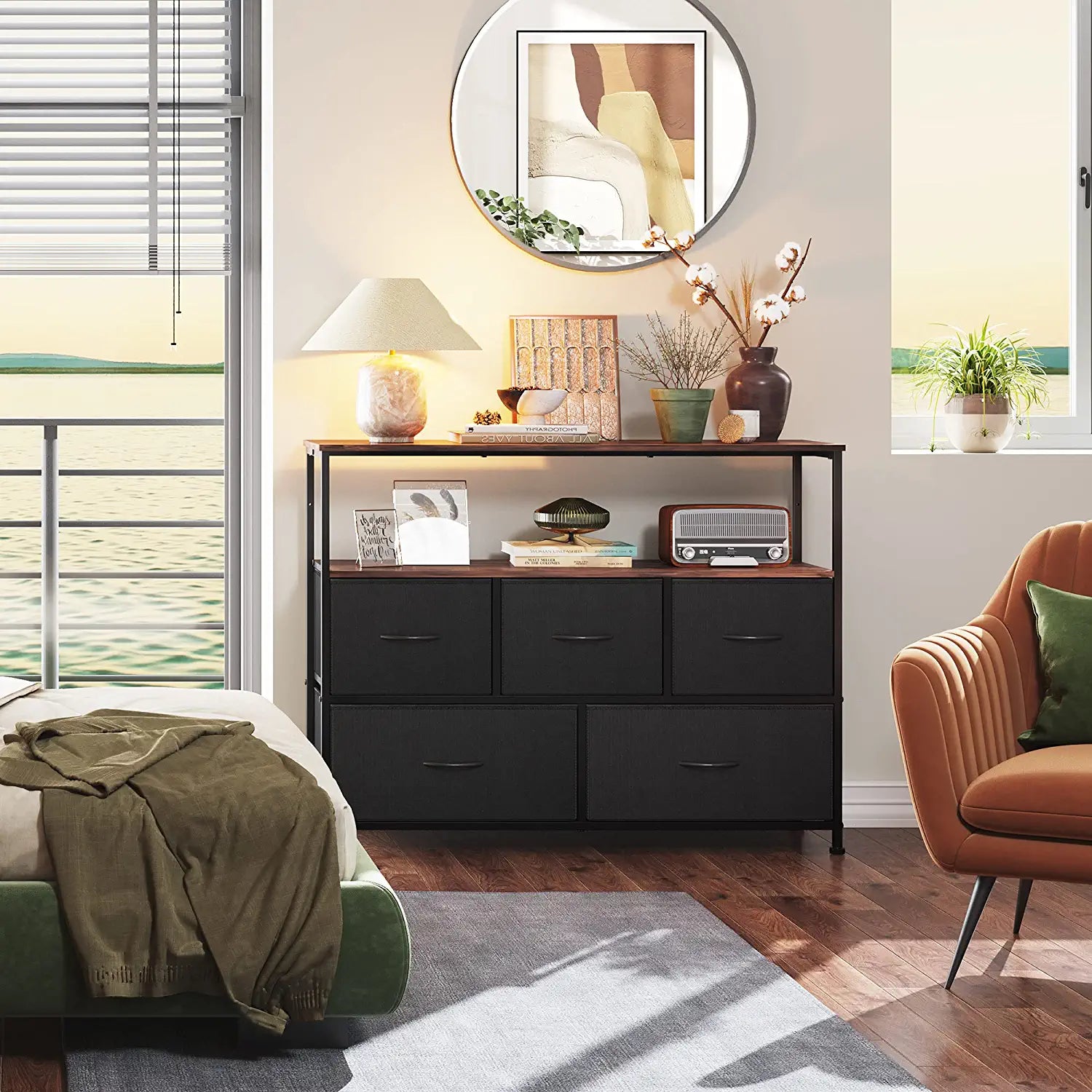 Dresser TV Stand, Entertainment Center with Fabric Drawers, Media Console Table with Open Shelves for TV up to 45 Inch, Storage Drawer Unit for Bedroom, Living Room, Black and Rustic Brown
