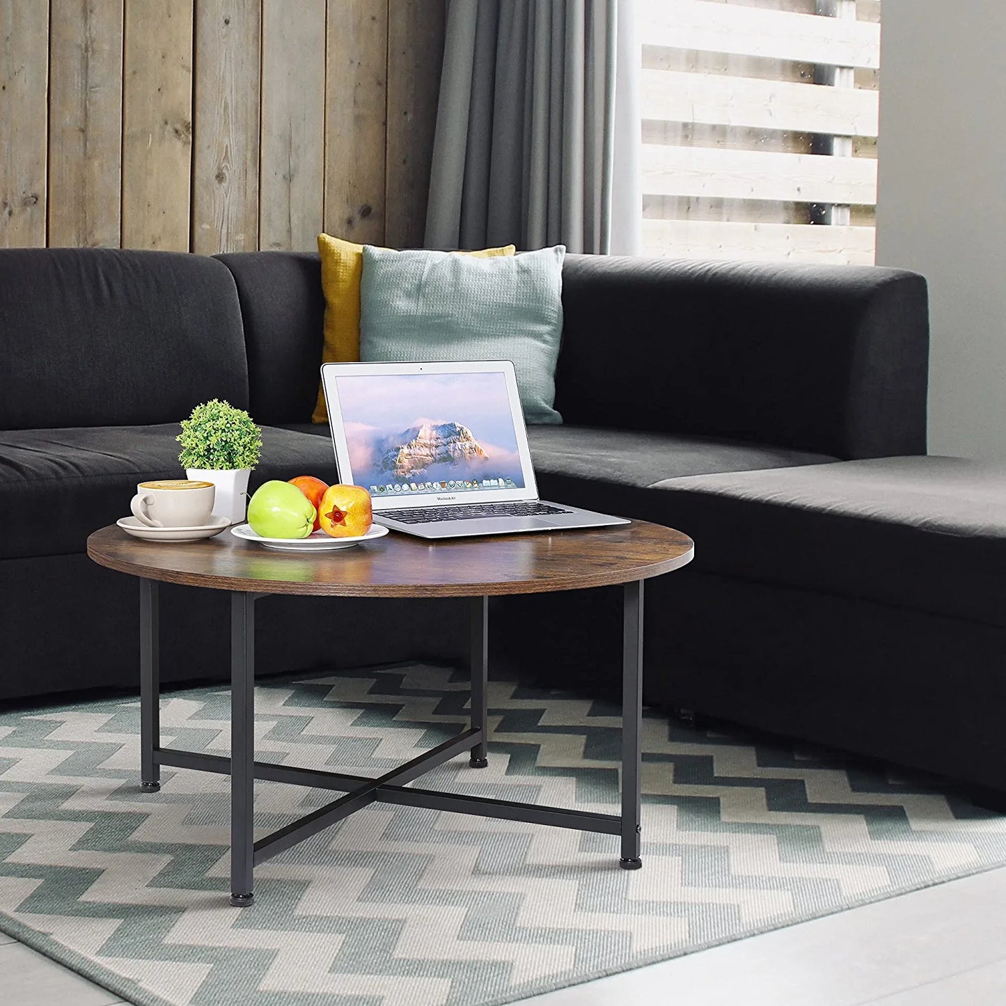 round Coffee Table, Industrial Style Cocktail Table Modern Leisure Tea Table, Kitchen Dining Table for Living Room, Dining Room, Tea, Home Office Balcony with Durable Metal Frame