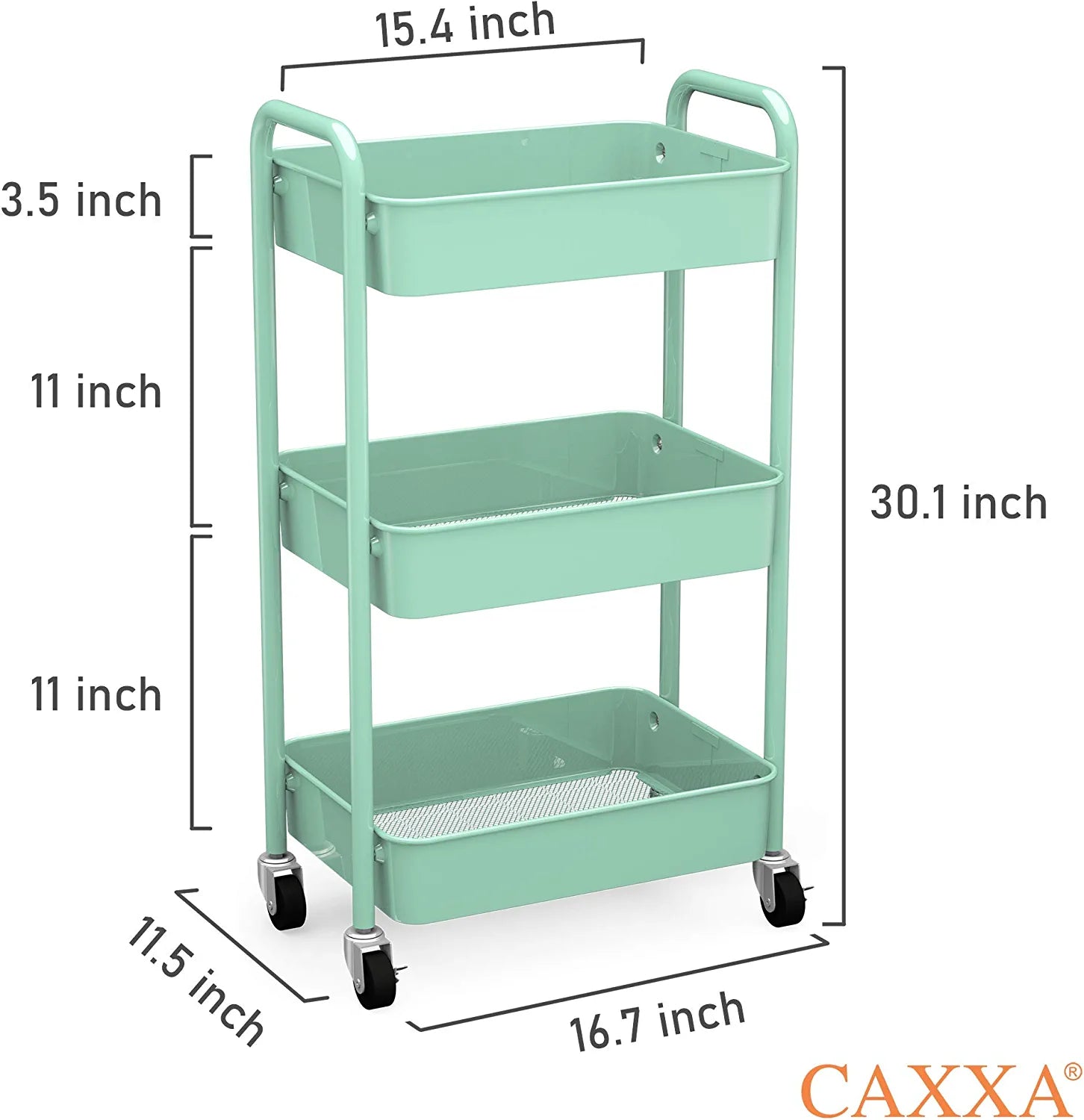 3-Tier Rolling Metal Storage Organizer - Mobile Utility Cart, Kitchen Cart with Caster Wheels (Aqua Green)