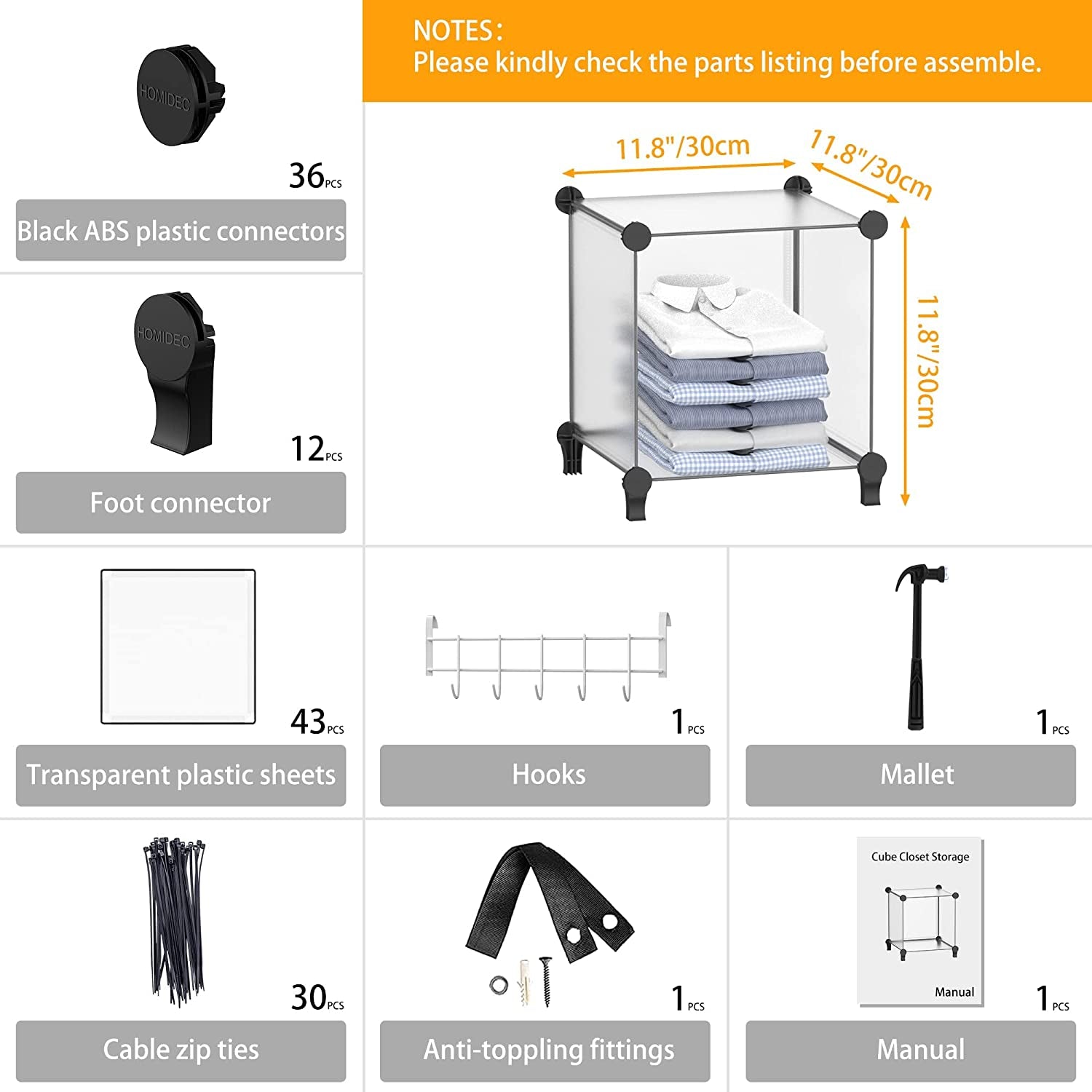 Closet Organizer, 12-Cube Closet Organizers and Storage, Portable Closet Storage Shelves, Clothing Storage for Kids, Closet, Bedroom, Bathroom, Office (11.8X11.8X11.8 Inch), Transparent