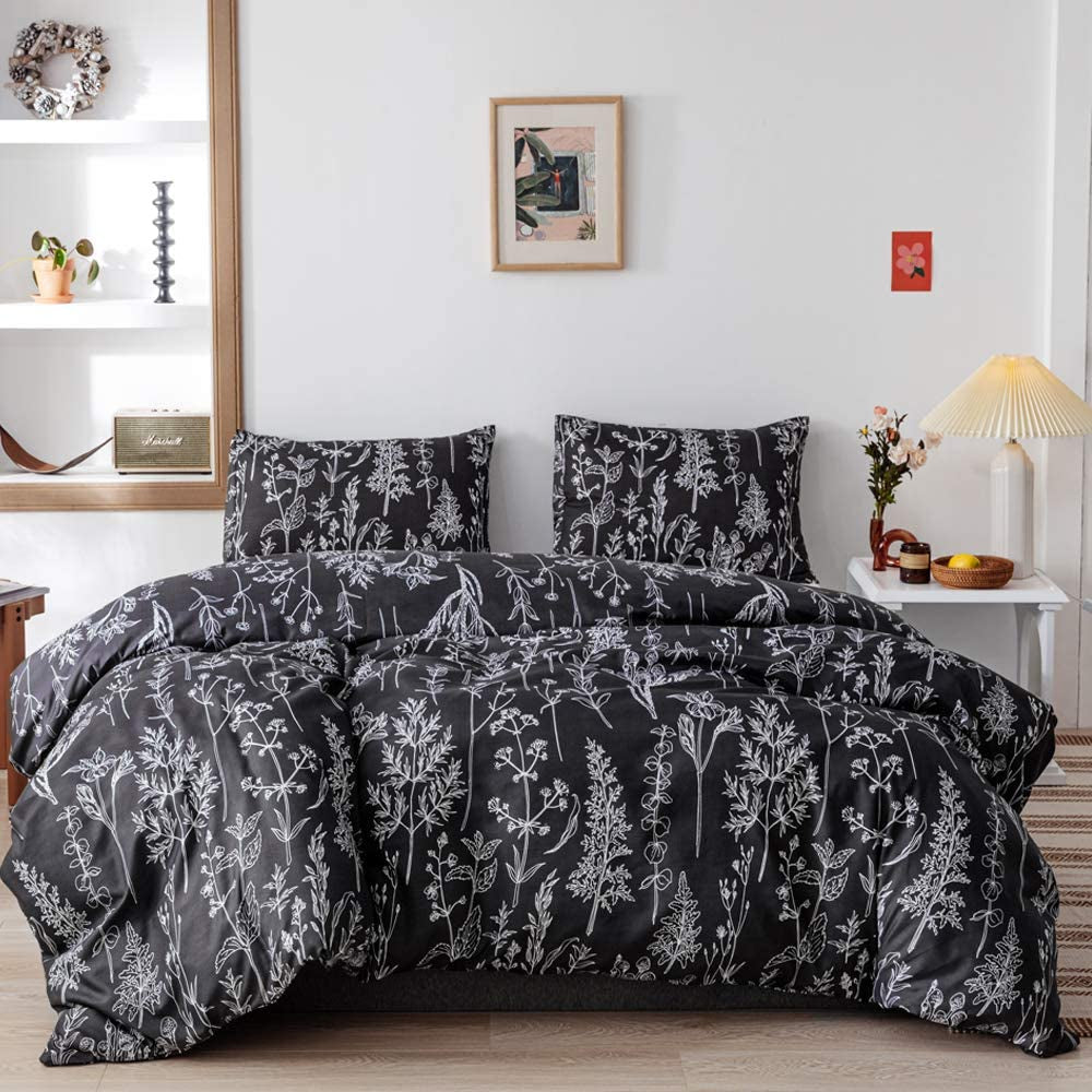 3 Pieces Queen Duvet Cover, Black Duvet Cover with White Plant Floral Duvet Cover Microfiber Soft Queen Bedding Set with Zipper Closure & 2 Pillow Cases
