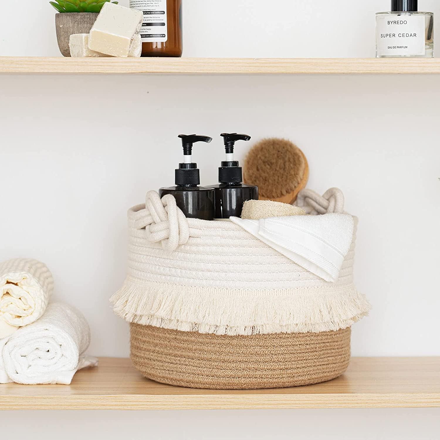 Small Woven Storage Baskets Cotton and Jute Rope Decorative Hamper for Diaper, Blankets, Magazine and Keys, Cute Tassel Nursery Decor - Home Storage Container – 9.5'' X 7''
