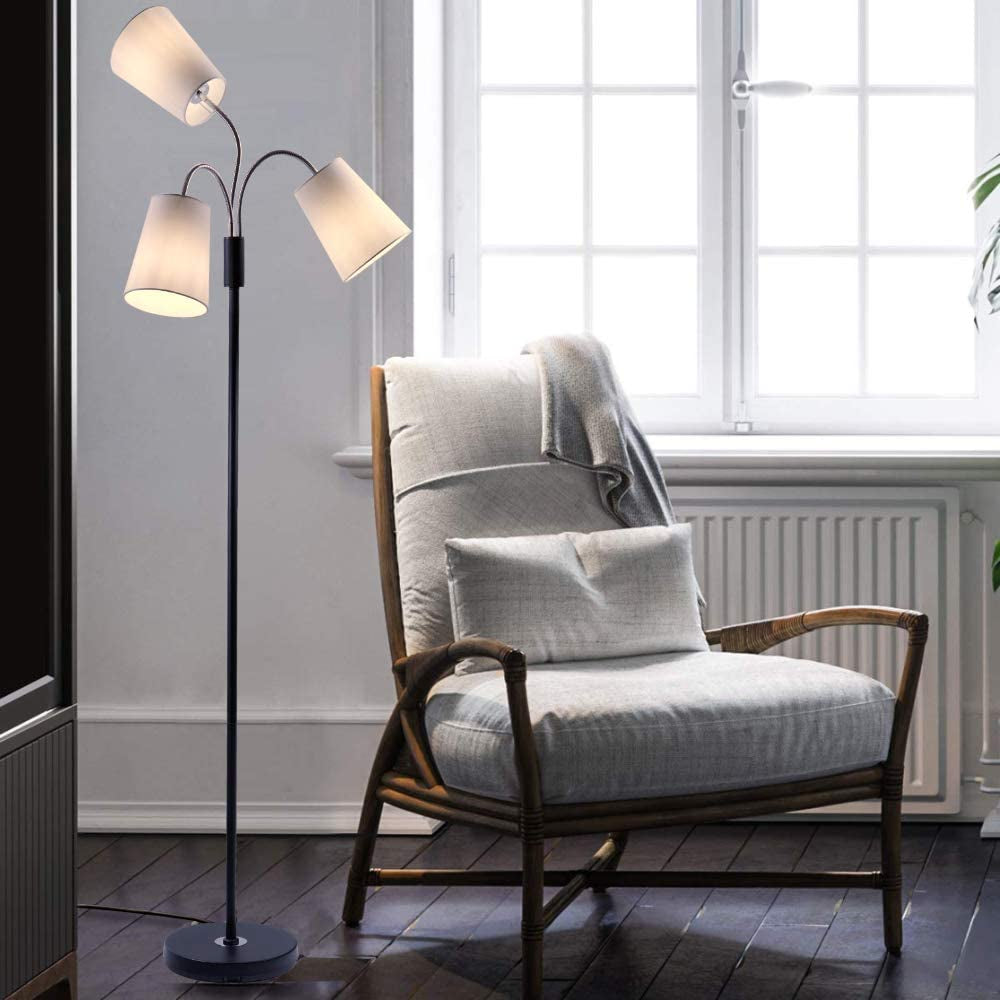 Multi Head Floor Lamp - 3 Light Adjustable Floor Lamp - Standing Lamp with 3 Adjustable White Fabric Drum Shades (Black)
