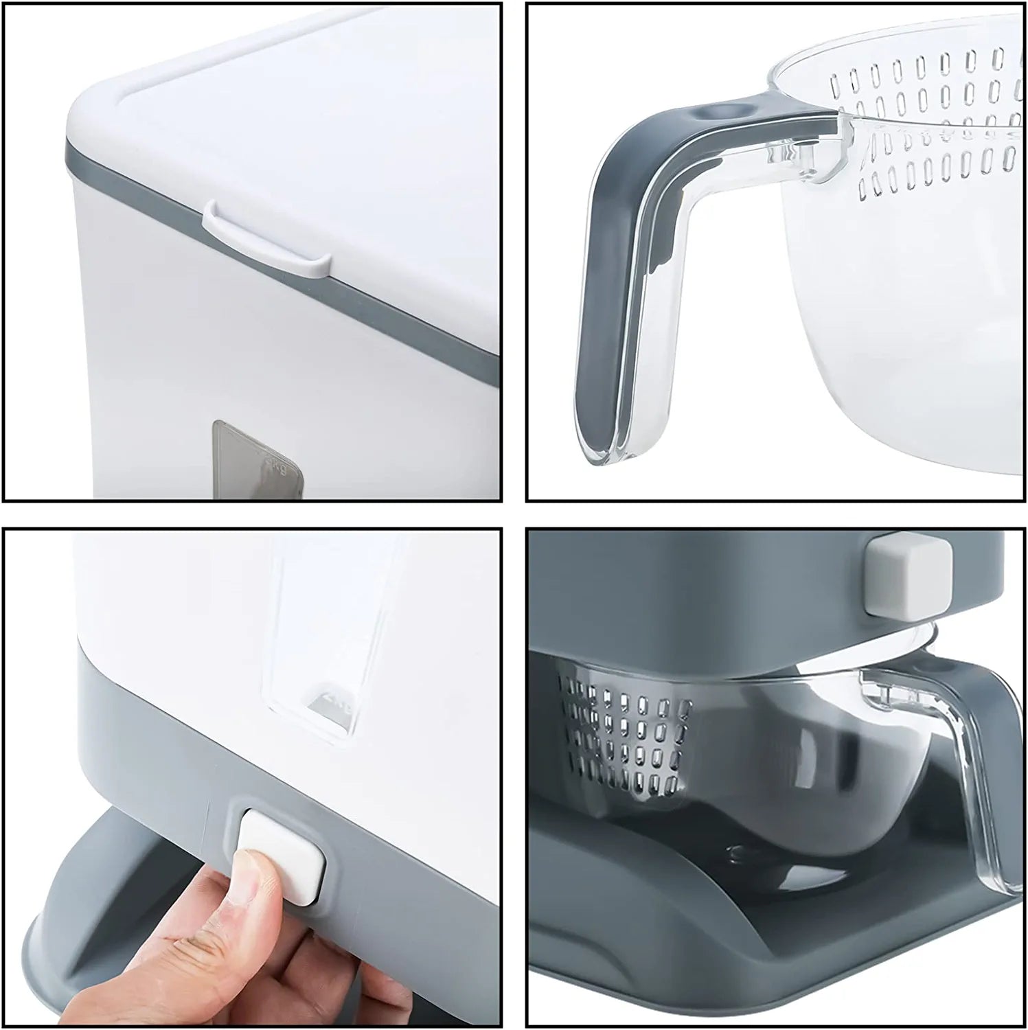 Household Rice Bucket with Lid and Measuring Cup ,Large Cereal Dry Food Storage Box, Measurable Rice Cylinder, Automatic Rice Dispenser Grain Storage Bin
