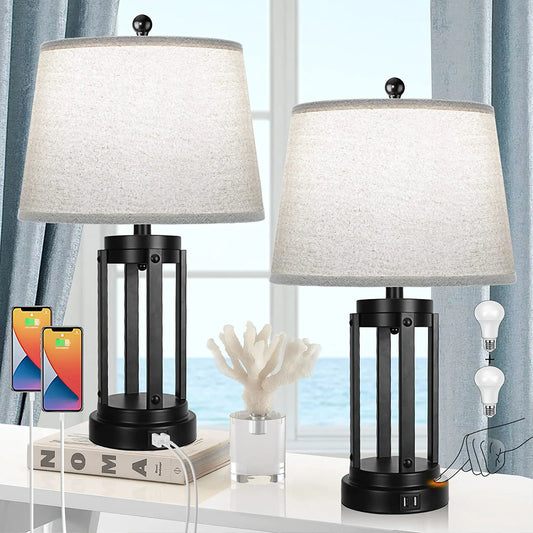 Table Lamps Set of 2 with USB Ports, 3-Way Dimmable Farmhouse Touch Lamps, Bedside Lamp for Bedroom with AC Outlet, Modern Black Nightstand Lamps Desk Lamp for Living Room Reading, Bulbs Included