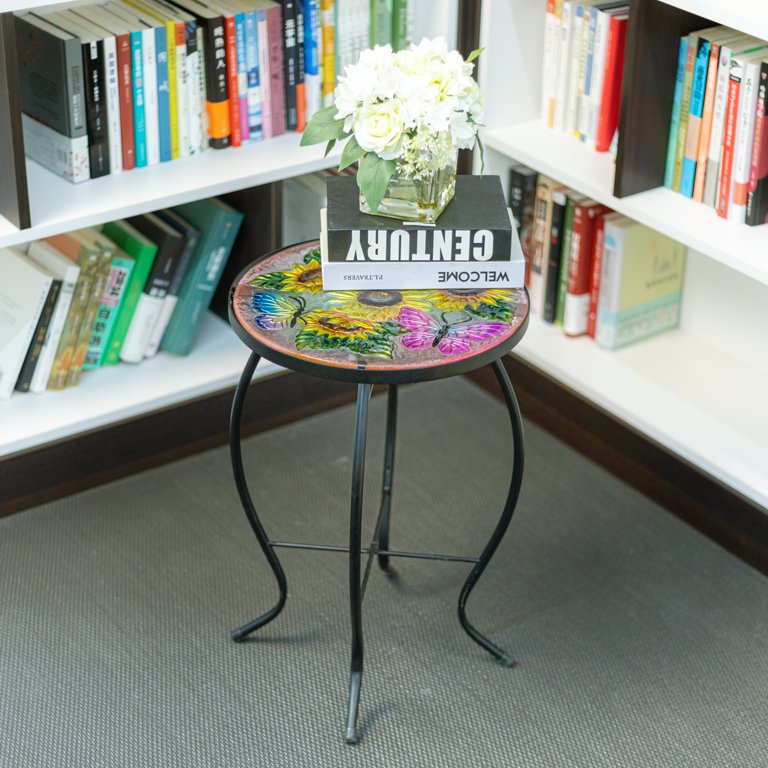 Mosaic Side Table Outdoor for Patio, Indoor Accent Table Coffee Table for Bistro, Plant End Table Small, Sunflower Round Glass Plant Table Stands