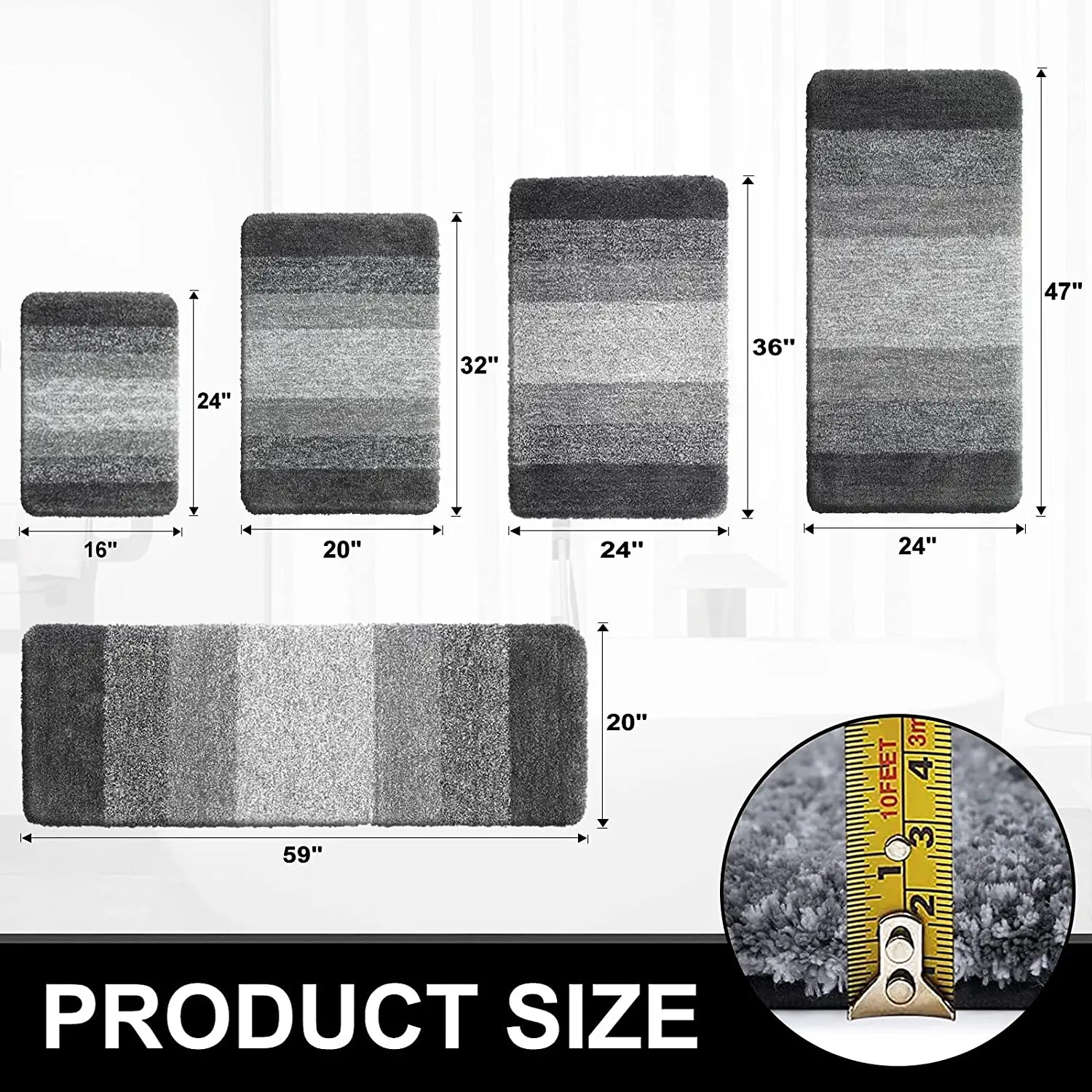 Luxury Bathroom Rug Mat, Extra Soft and Absorbent Microfiber Bath Rugs, Non-Slip Plush Shaggy Bath Carpet Runner, Machine Wash Dry, Bath Mats for Bathroom Floor, Tub and Shower, 20X59, Grey