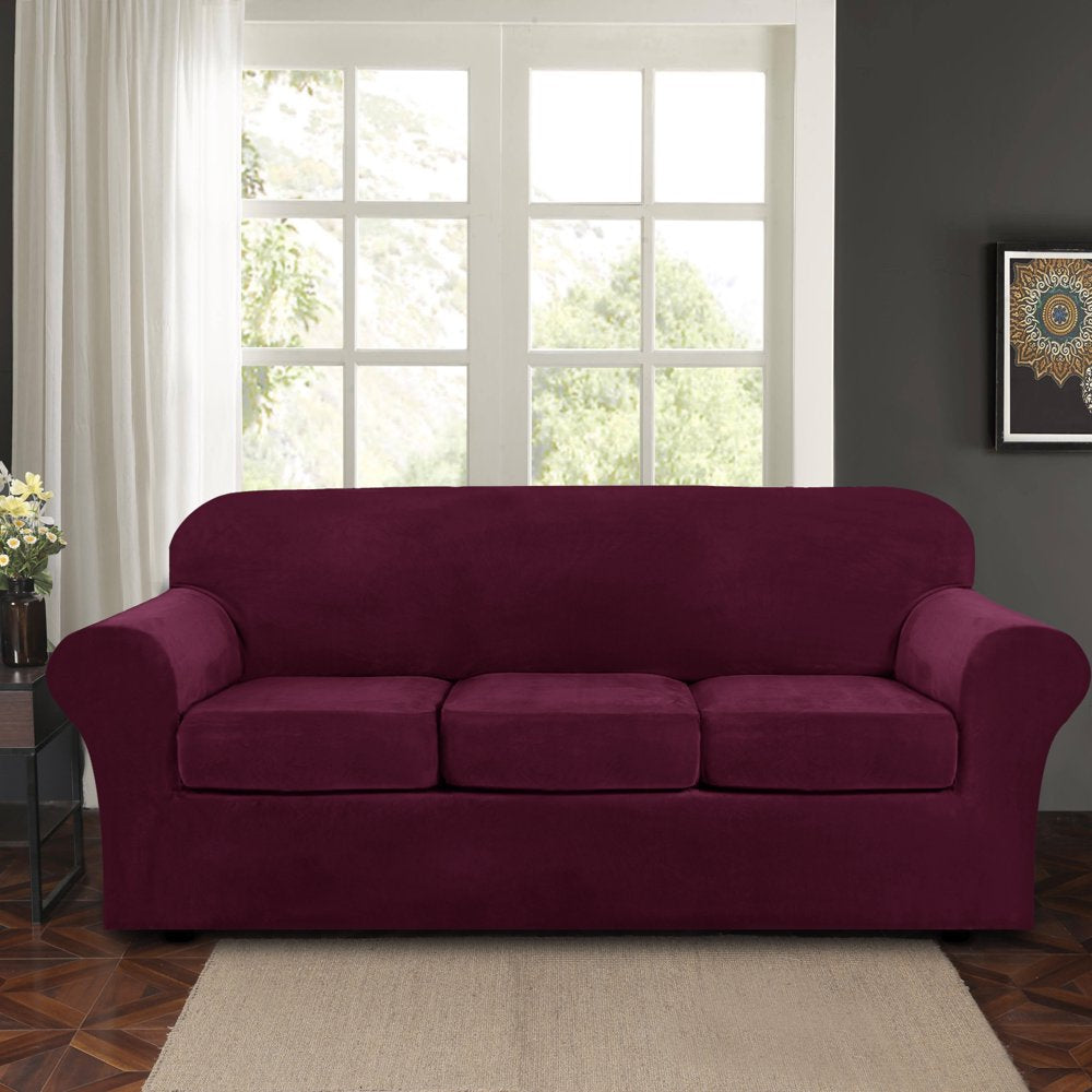 Velvet Plush 4 Piece Stretch Sofa Covers Couch Covers for 3 Cushion Couch 3 Seater Covers (Base Cover plus 3 Individual Cushion Covers) Feature Thick Soft Stay in Place
