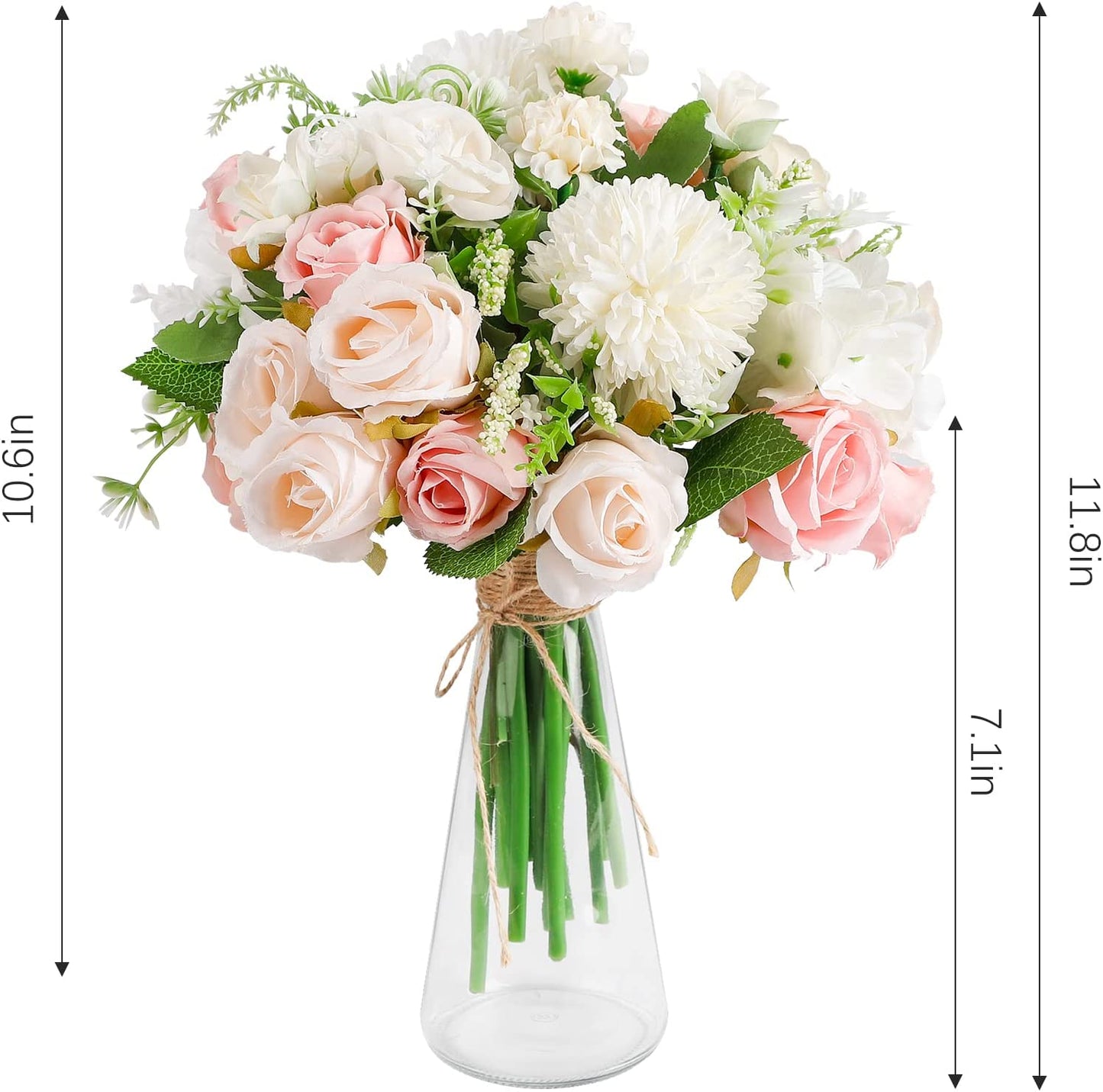 Fake Rose Flower Bouquet with Glass Vase Wedding Centerpiece Decor Artificial Rose Fake Flowers Faux Flower Arrangement for Home Office Decoration Dining Table Centerpiece Bridal Decor