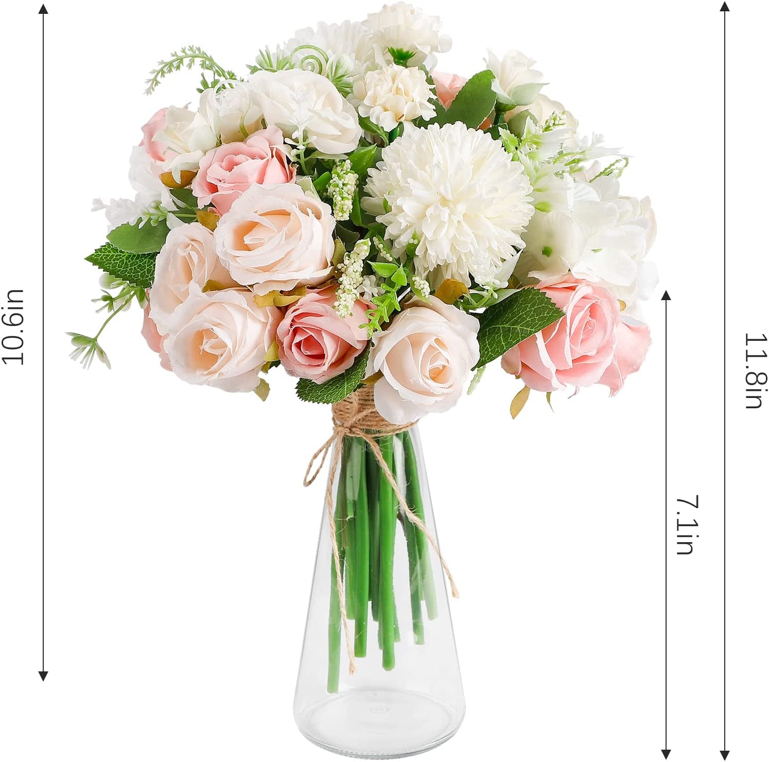 Fake Rose Flower Bouquet with Glass Vase Wedding Centerpiece Decor Artificial Rose Fake Flowers Faux Flower Arrangement for Home Office Decoration Dining Table Centerpiece Bridal Decor
