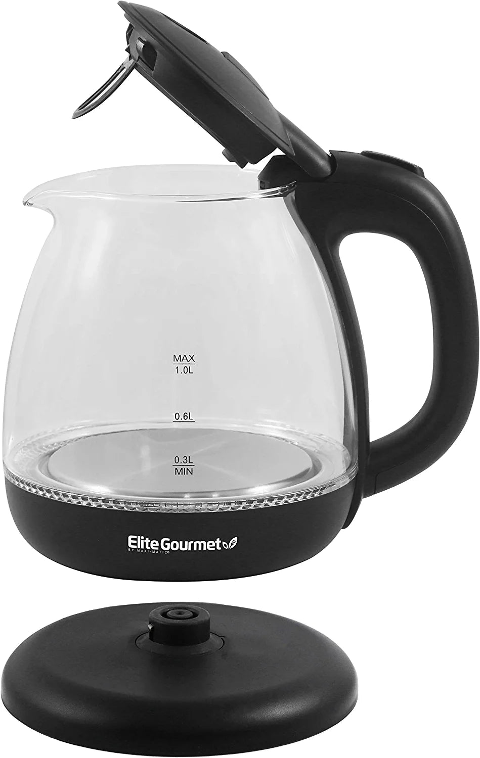 EKT1001B Electric 1.0L Bpa-Free Glass Kettle Cordless 360° Base, Stylish Blue LED Interior, Handy Auto Shut-Off Function – Quickly Boil Water for Tea & More, Graphite Black