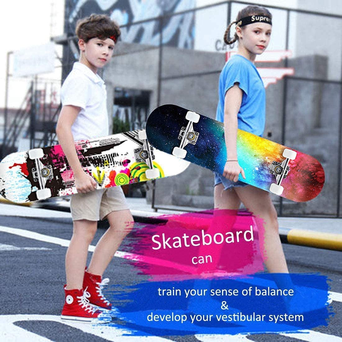 Pro Complete Skateboards for Beginners Adults Youths Teens Kids Girls Boys 31"X8" Skate Boards 7 Layer Canadian Maple Double Kick Concave Longboards