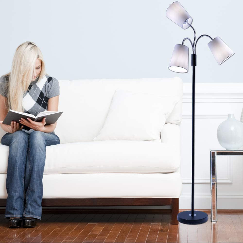 Multi Head Floor Lamp - 3 Light Adjustable Floor Lamp - Standing Lamp with 3 Adjustable White Fabric Drum Shades (Black)