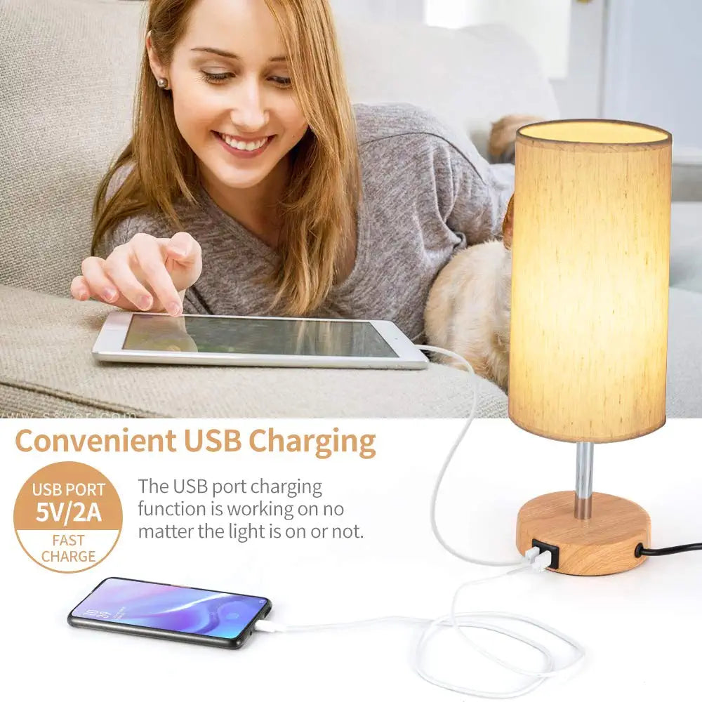 Bedside Lamp with USB Port - Touch Control Table Lamp for Bedroom Wood 3 Way Dimmable Nightstand Lamp with round Flaxen Fabric Shade for Living Room, Dorm, Home Office (LED Bulb Included)