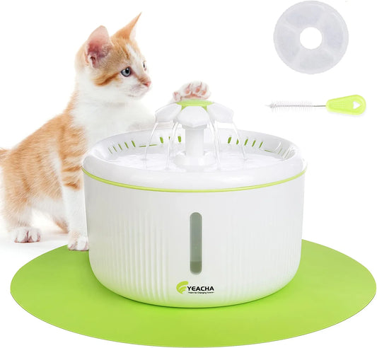 Cat Water Fountain, Dog Water Dispenser with Replacement Filter, 70Oz/2L Drinking Fountains Bowl with LED Light for Cat and Small Dogs, Multiple Pets, with 120-240V Adapter Light Green